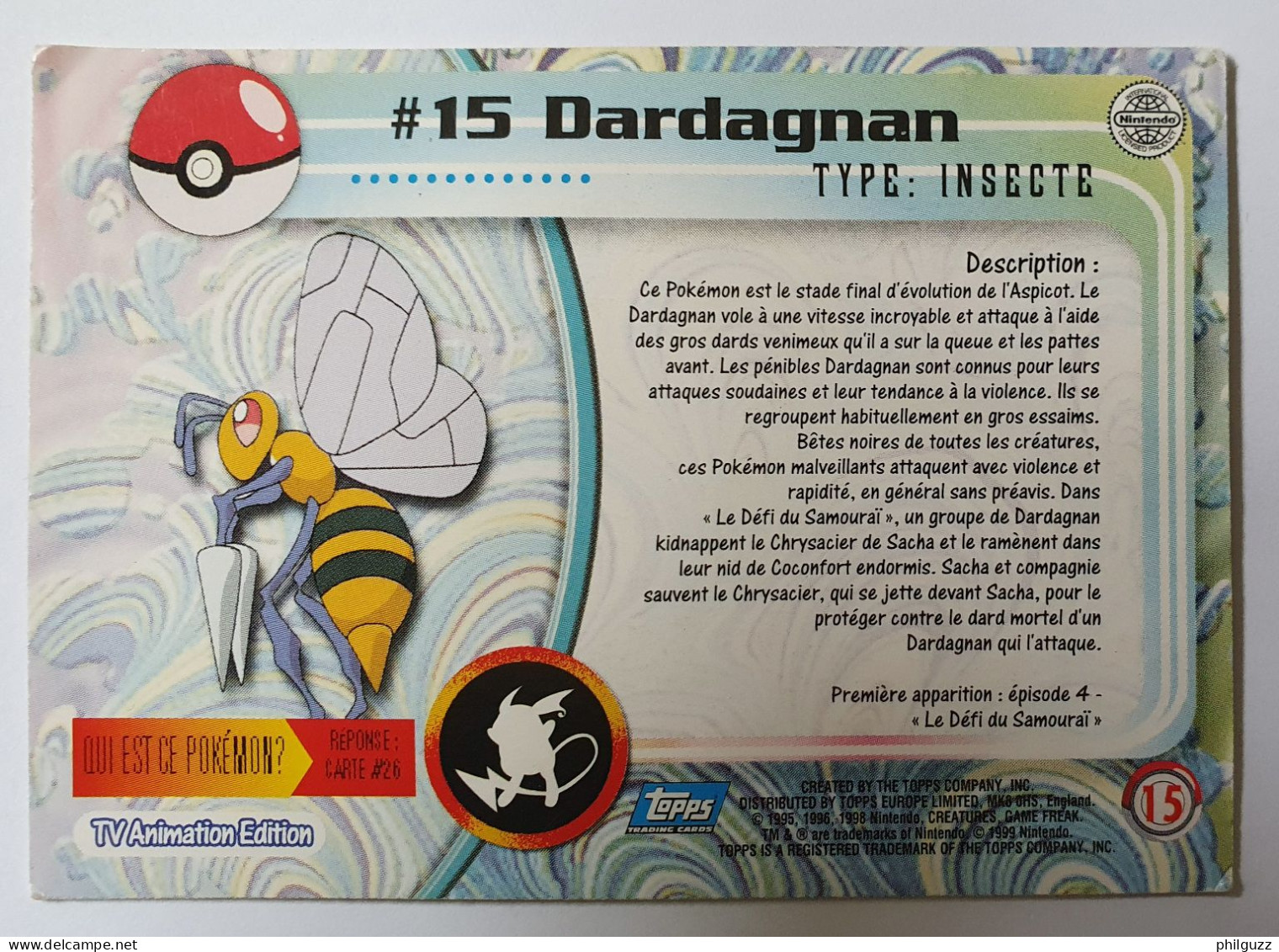 CARTE POKEMON # 15 DARDARGNAN TOPPS TV ANIMATION ÉDITION FR - Other & Unclassified