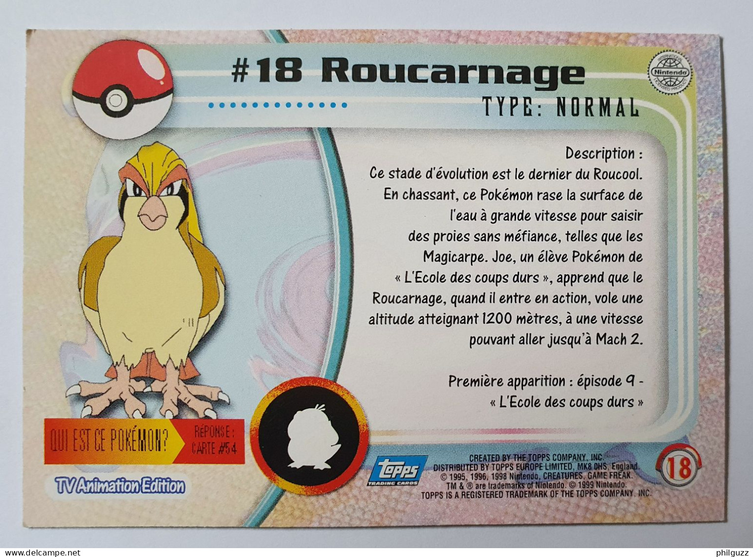 CARTE POKEMON # 18 ROUCARNAGE TOPPS TV ANIMATION ÉDITION FR - Other & Unclassified