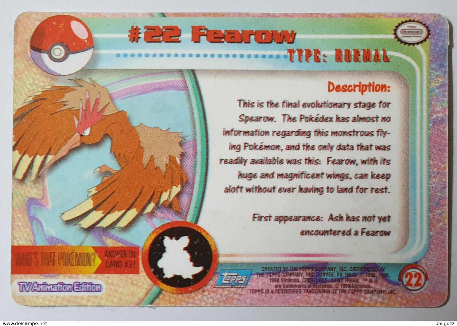 CARTE POKEMON # 22 FEAROW HOLO TOPPS TV ANIMATION - Other & Unclassified