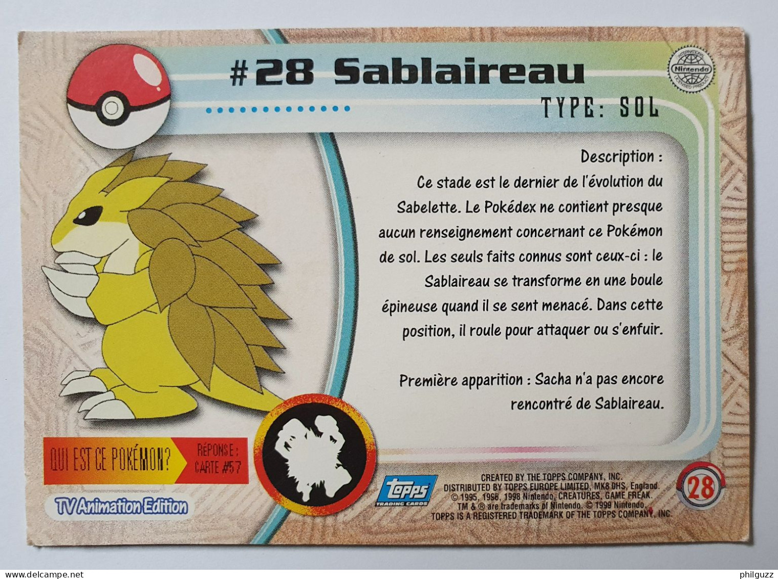 CARTE POKEMON # 28 SABLAIREAU TOPPS TV ANIMATION ÉDITION FR - Other & Unclassified