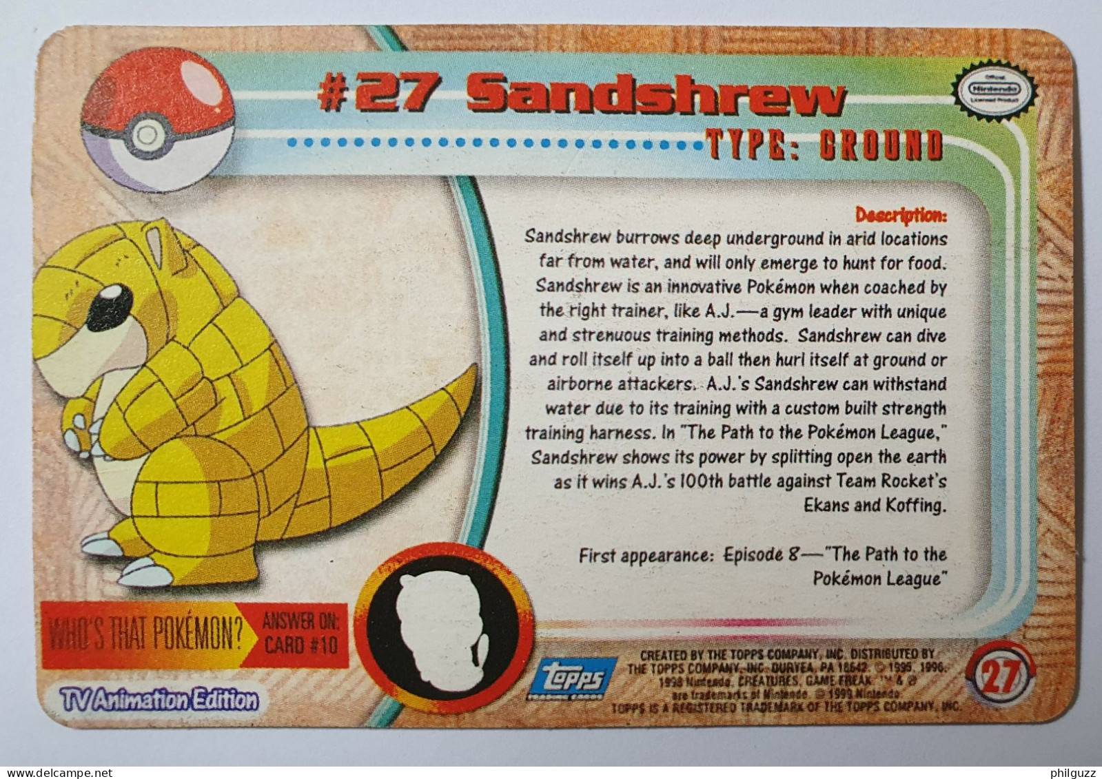 CARTE POKEMON # 27 SANDSHREW TOPPS TV ANIMATION - Otros & Sin Clasificación