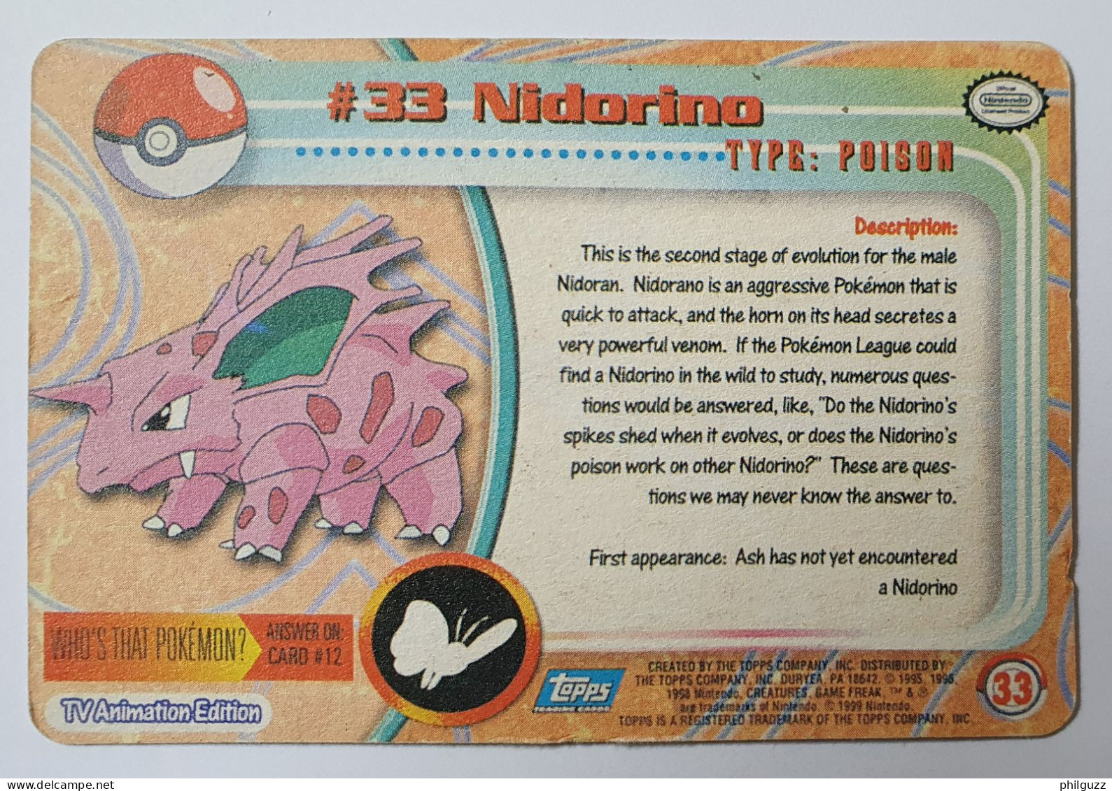 CARTE POKEMON # 33 NIDORINO TOPPS TV ANIMATION (1) - Altri & Non Classificati