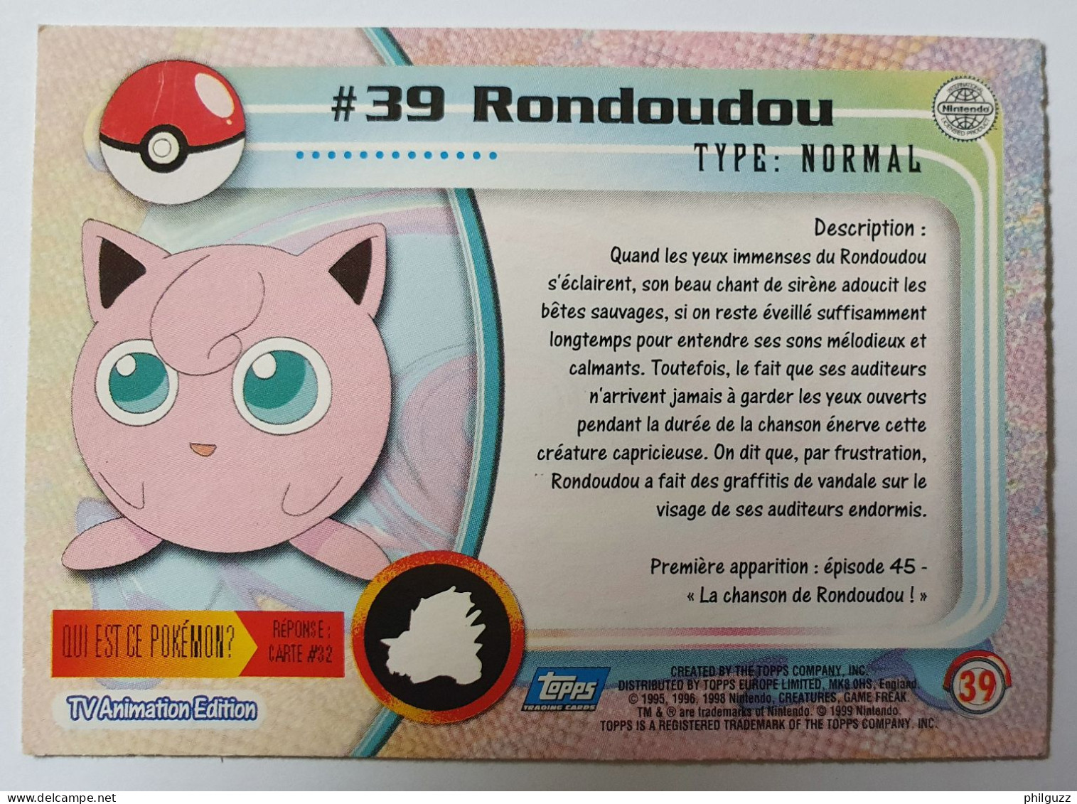 CARTE POKEMON # 39 RONDOUDOU TOPPS TV ANIMATION ÉDITION FR - Other & Unclassified