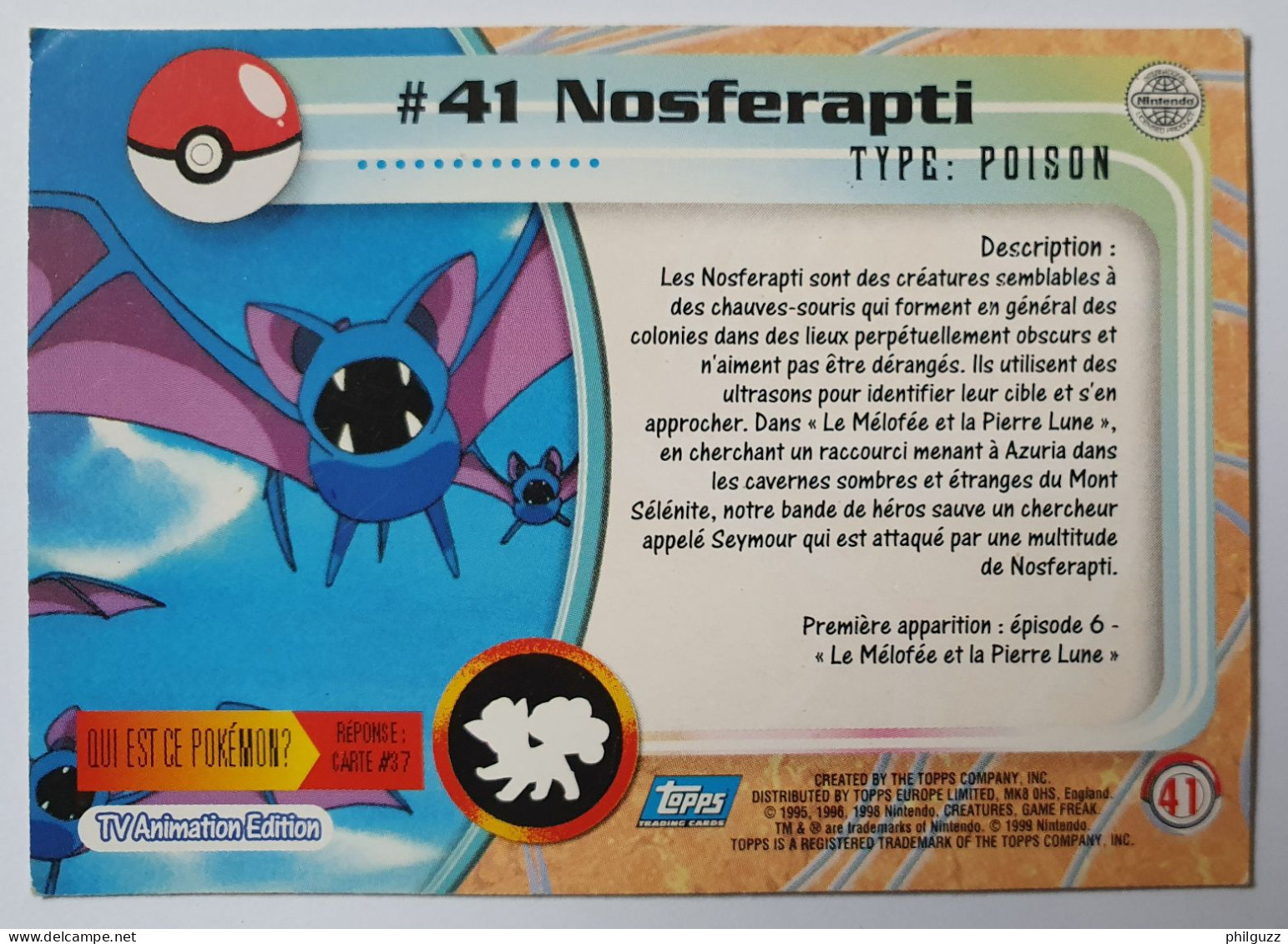 CARTE POKEMON # 41 NOSFERAPTI TOPPS TV ANIMATION ÉDITION FR - Other & Unclassified