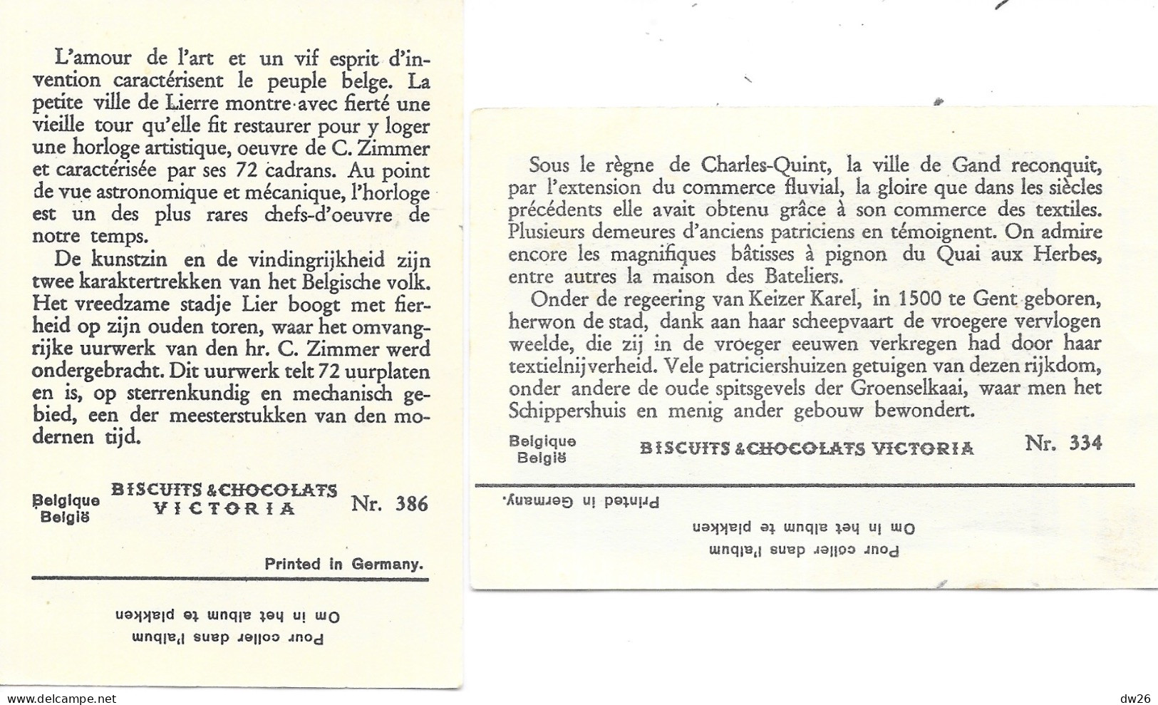 Lot De 2 Chromos Chocolat & Biscuits Victoria - Belgique: Gand (Quai Aux Herbes) Lierre (Tour Zimmer) N° 334, 386 - Victoria