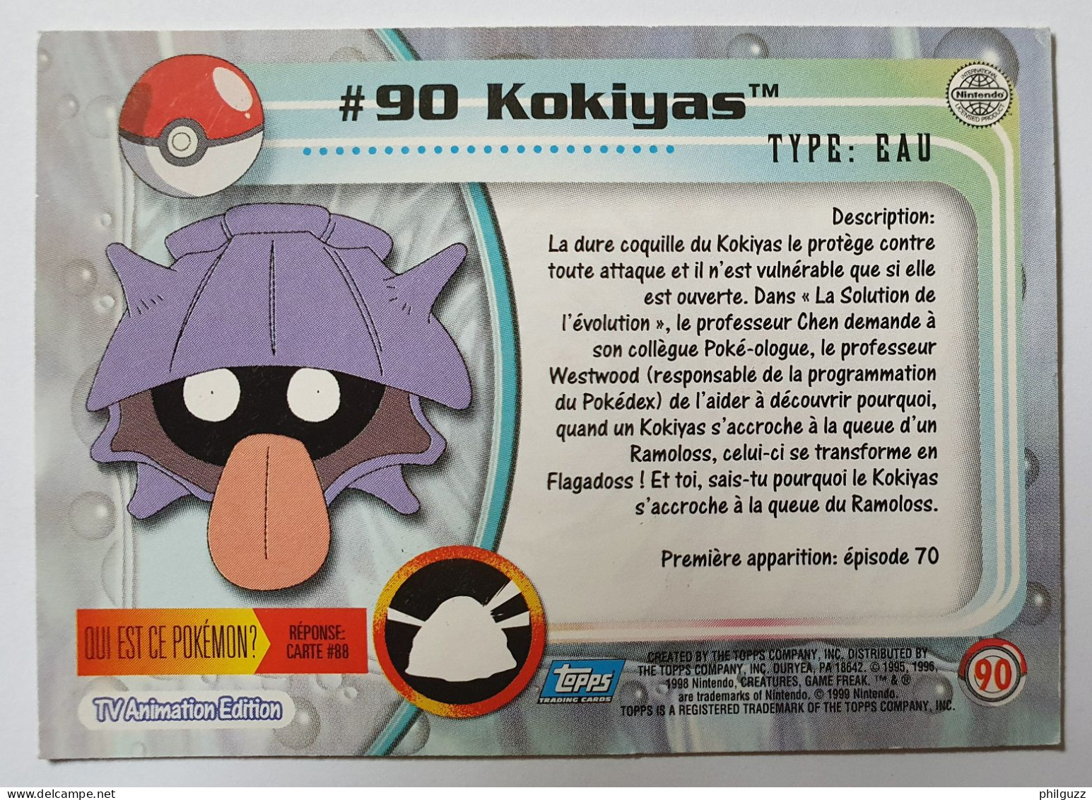 CARTE POKEMON # 90 KOKIYAS TOPPS TV ANIMATION ÉDITION FR - Other & Unclassified