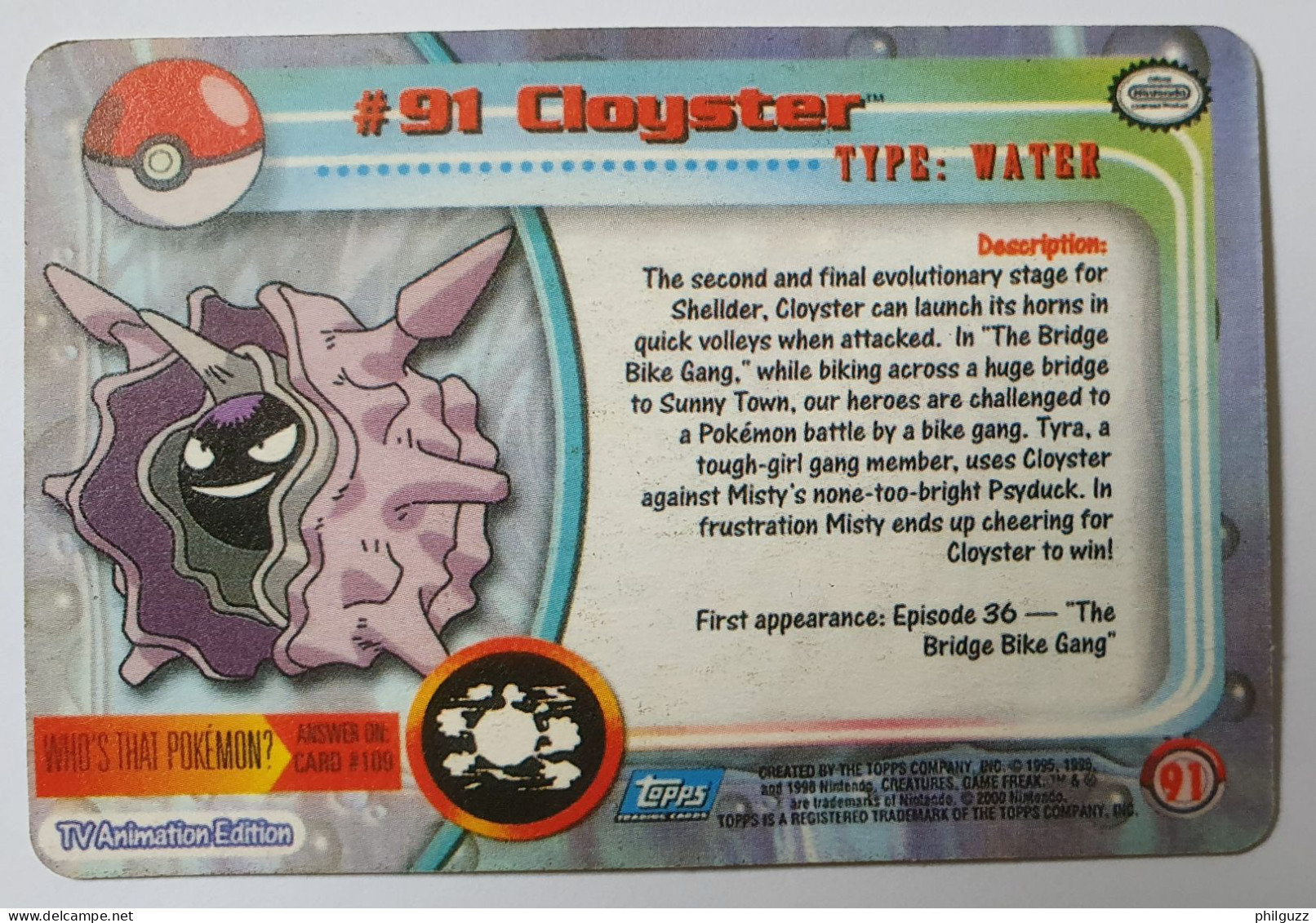 CARTE POKEMON # 91 CLOYSTER TOPPS TV ANIMATION - Otros & Sin Clasificación