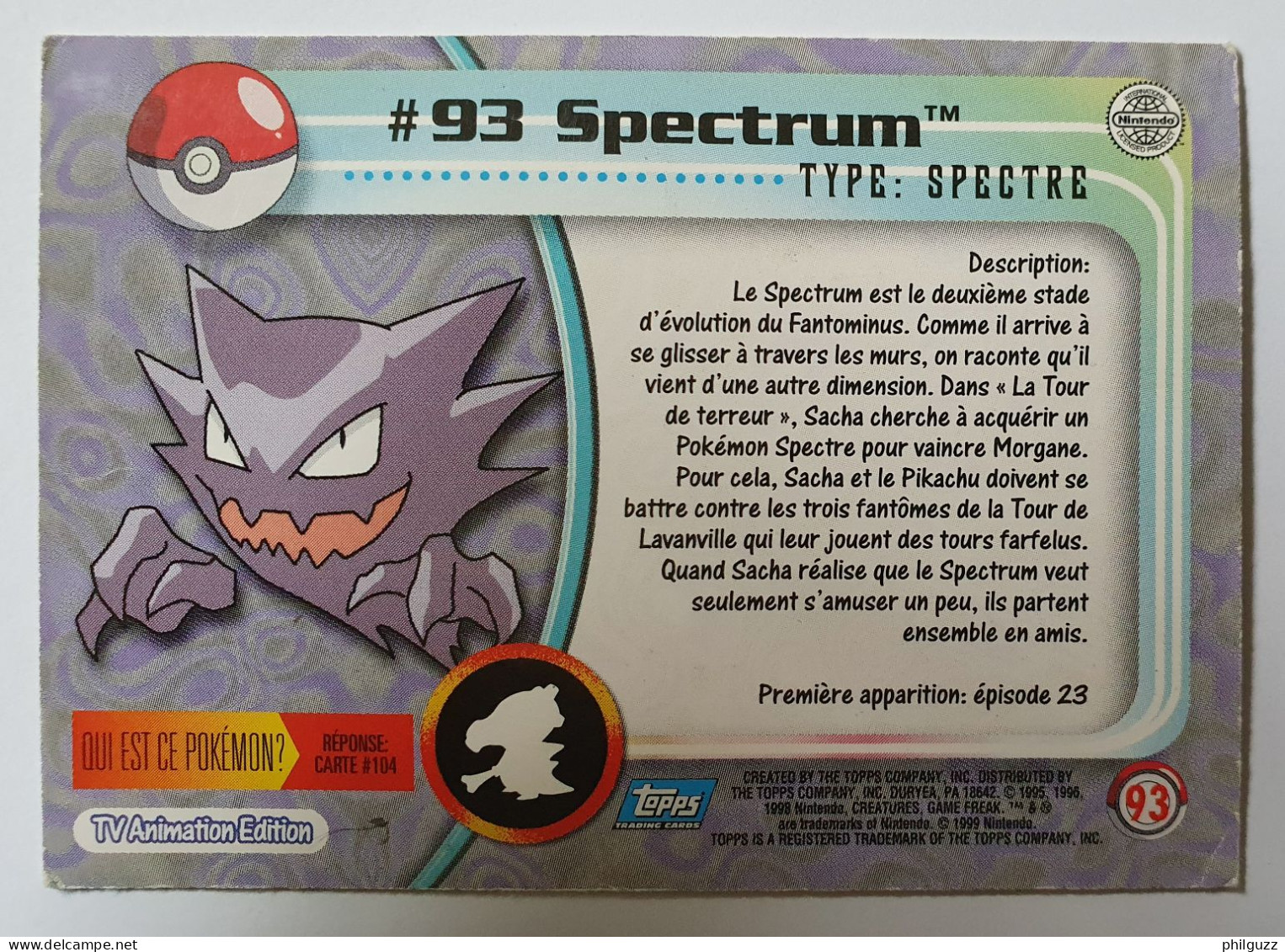 CARTE POKEMON # 93 SPECTRUM TOPPS TV ANIMATION ÉDITION FR - Other & Unclassified