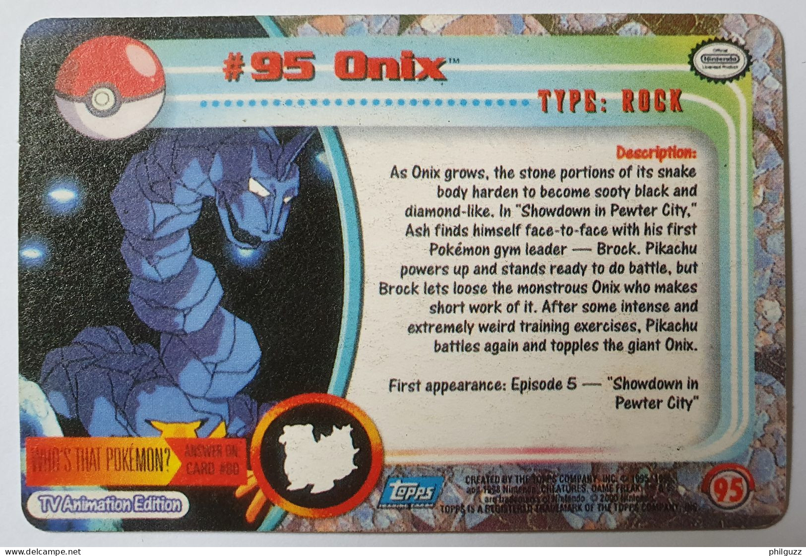 CARTE POKEMON # 95 ONIX TOPPS TV ANIMATION - Otros & Sin Clasificación