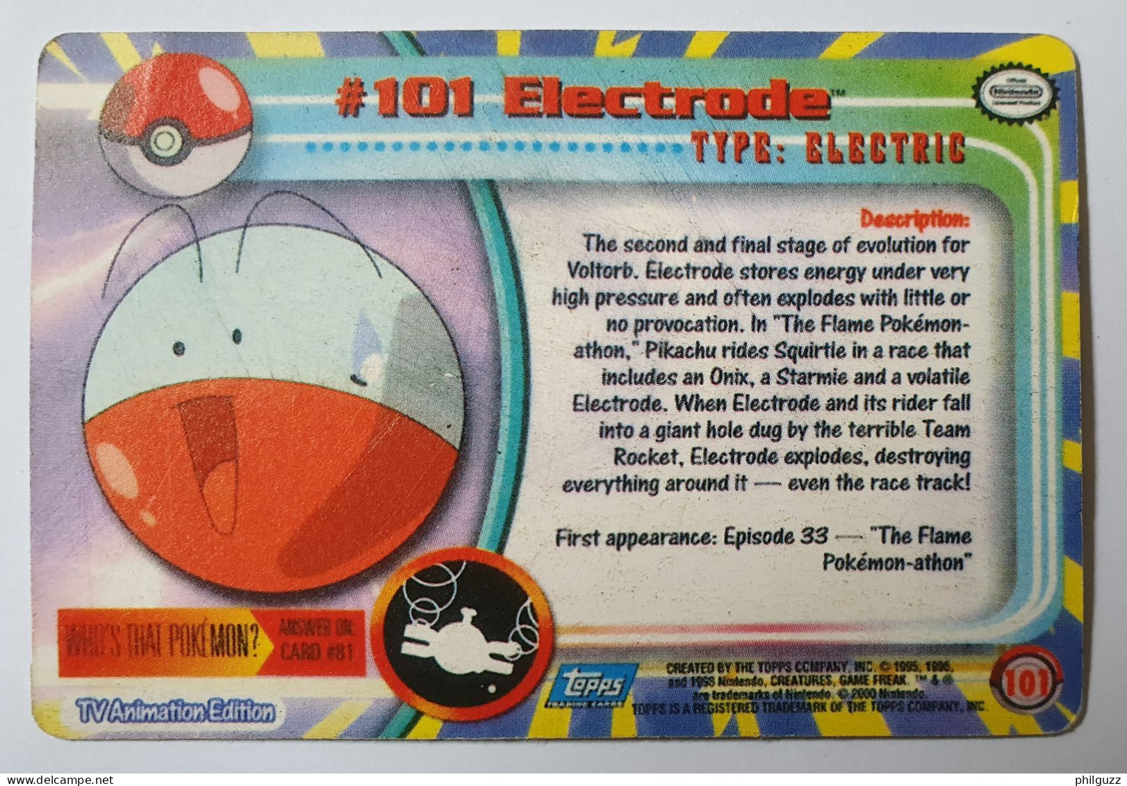 CARTE POKEMON # 101 ELECTRODE TOPPS TV ANIMATION - Andere & Zonder Classificatie