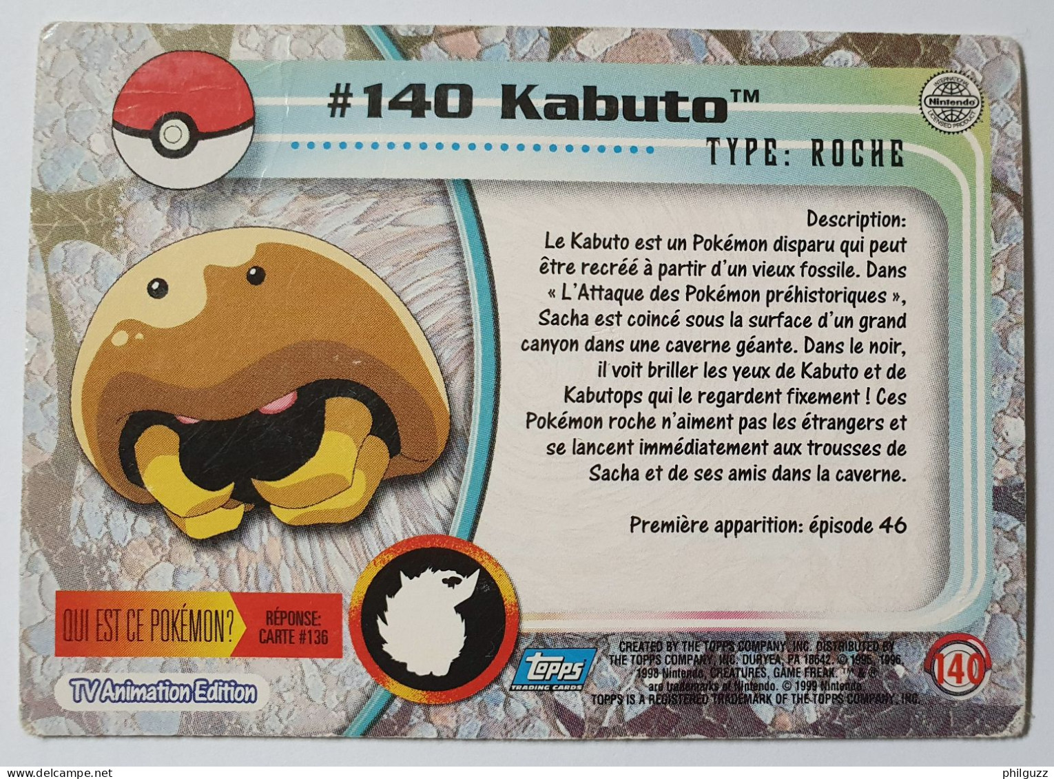 CARTE POKEMON # 140 KABUTO TOPPS TV ANIMATION ÉDITION FR - Other & Unclassified