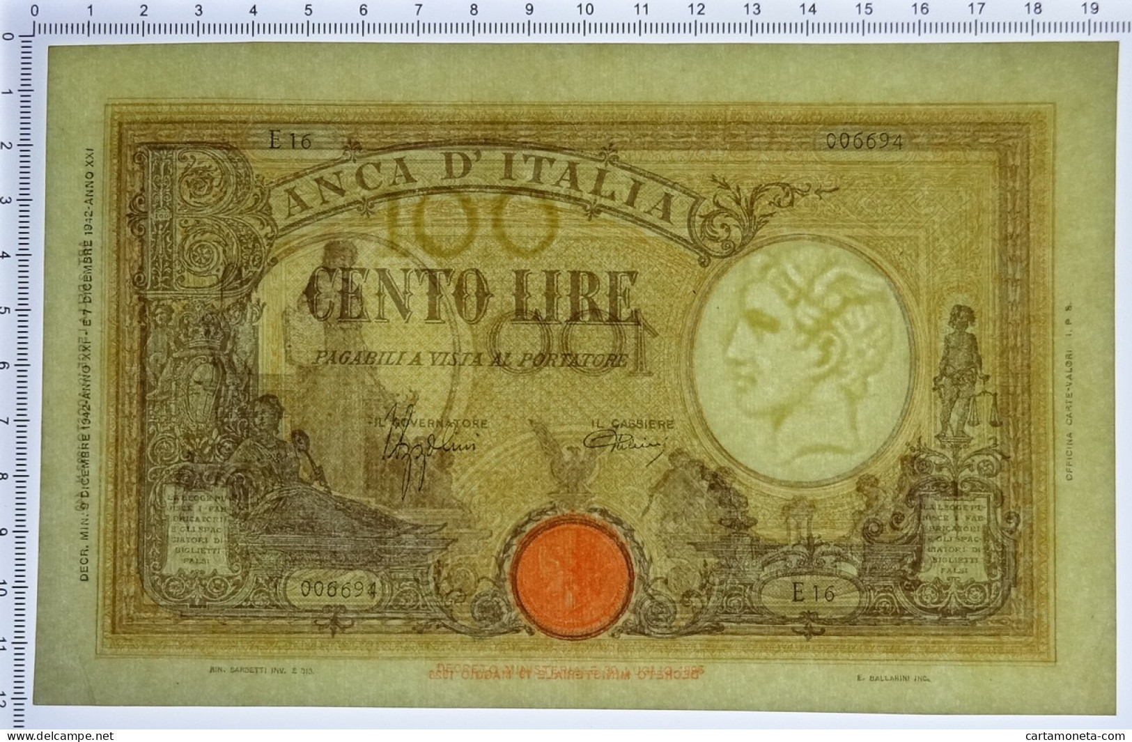 100 LIRE BARBETTI GRANDE B GIALLO TESTINA FASCIO 09/12/1942 SUP - Regno D'Italia – Other