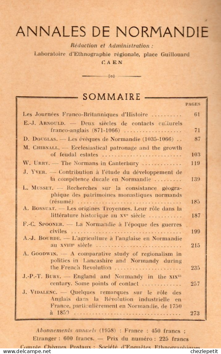 ANNALES DE NORMANDIE 1958 N° Spécial Journées Franco-britanniques D'histoire - Normandië