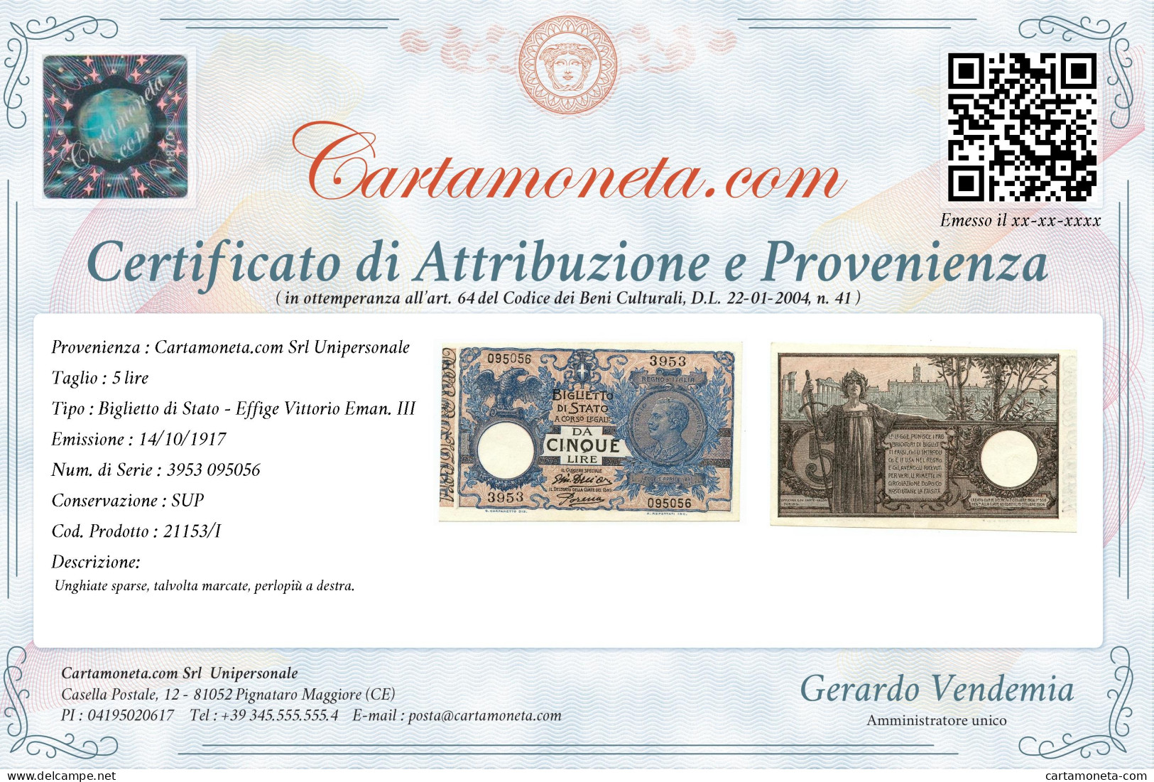 5 LIRE BIGLIETTO DI STATO VITTORIO EMANUELE III FLOREALE 14/10/1917 SUP - Otros