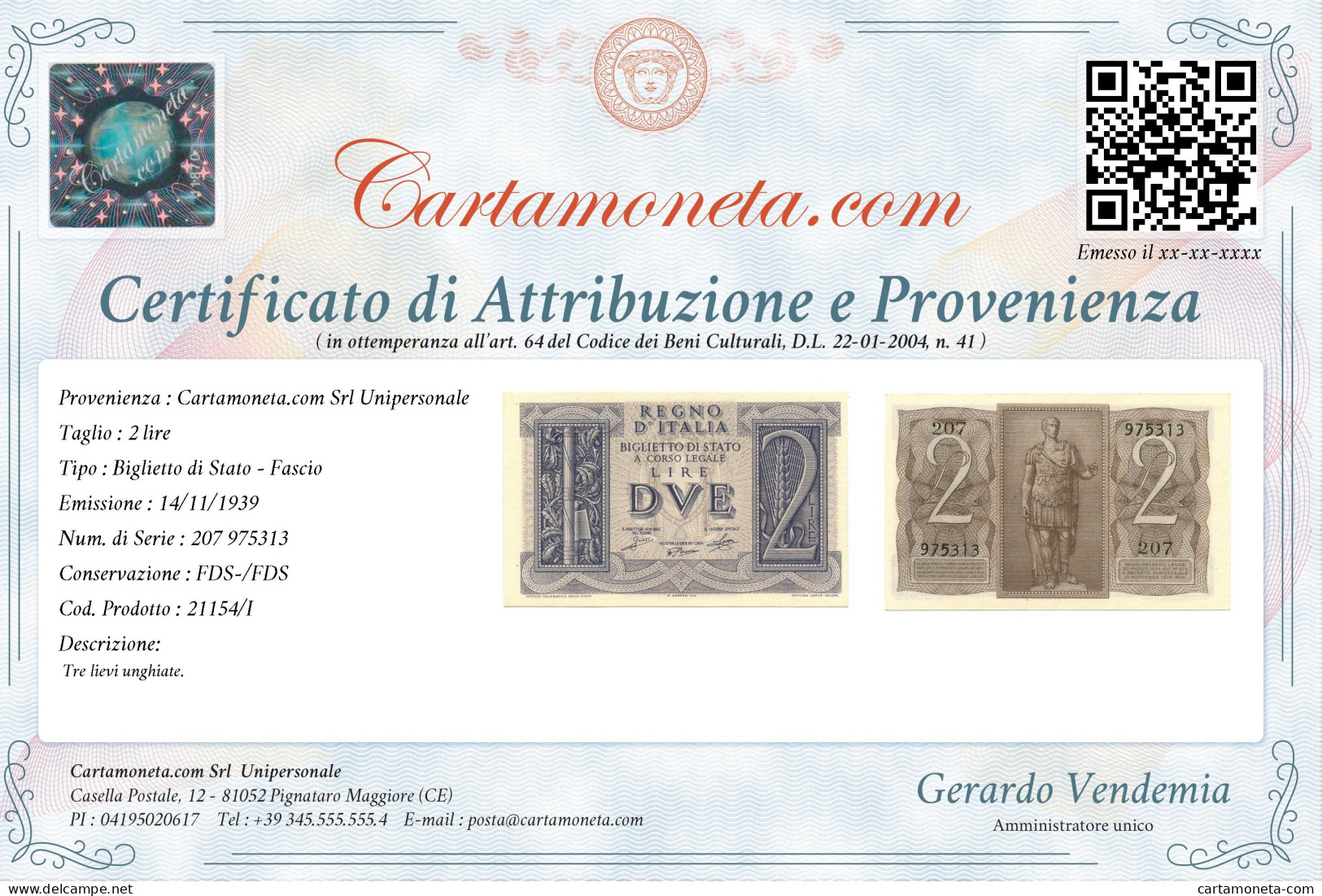 2 LIRE BIGLIETTO DI STATO FASCIO 14/11/1939 FDS-/FDS - Otros