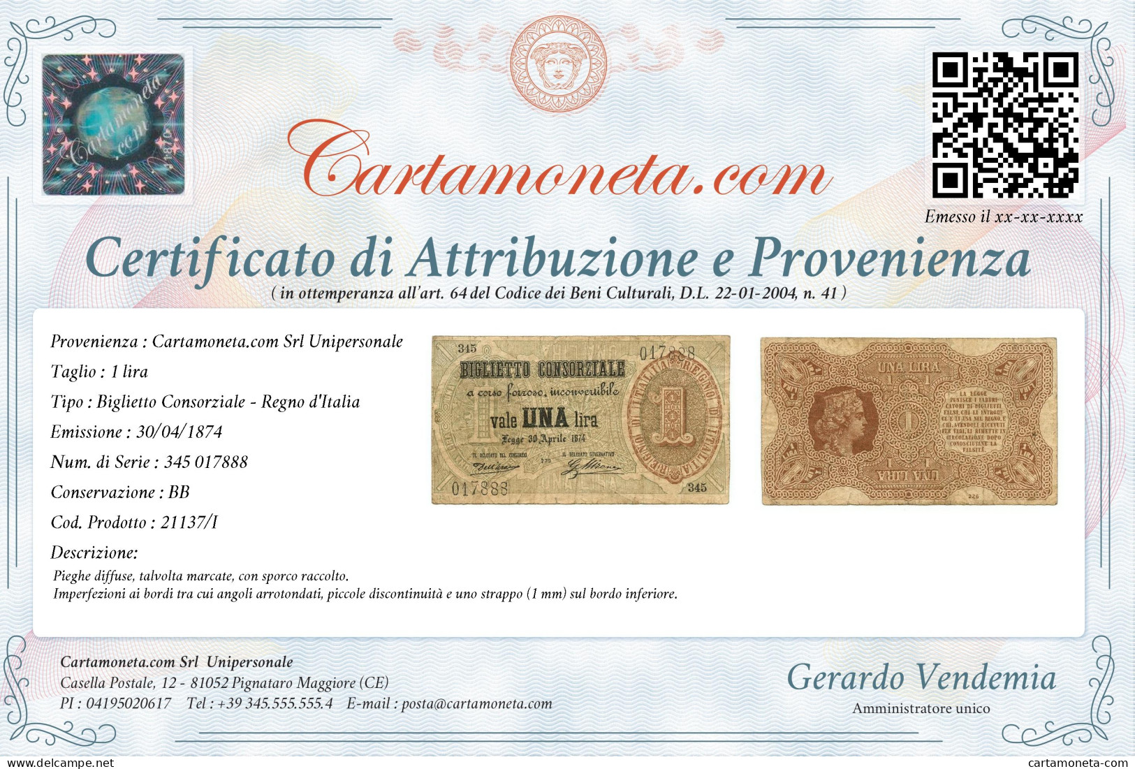 1 LIRA BIGLIETTO CONSORZIALE REGNO D'ITALIA 30/04/1874 BB - Biglietti Consorziale