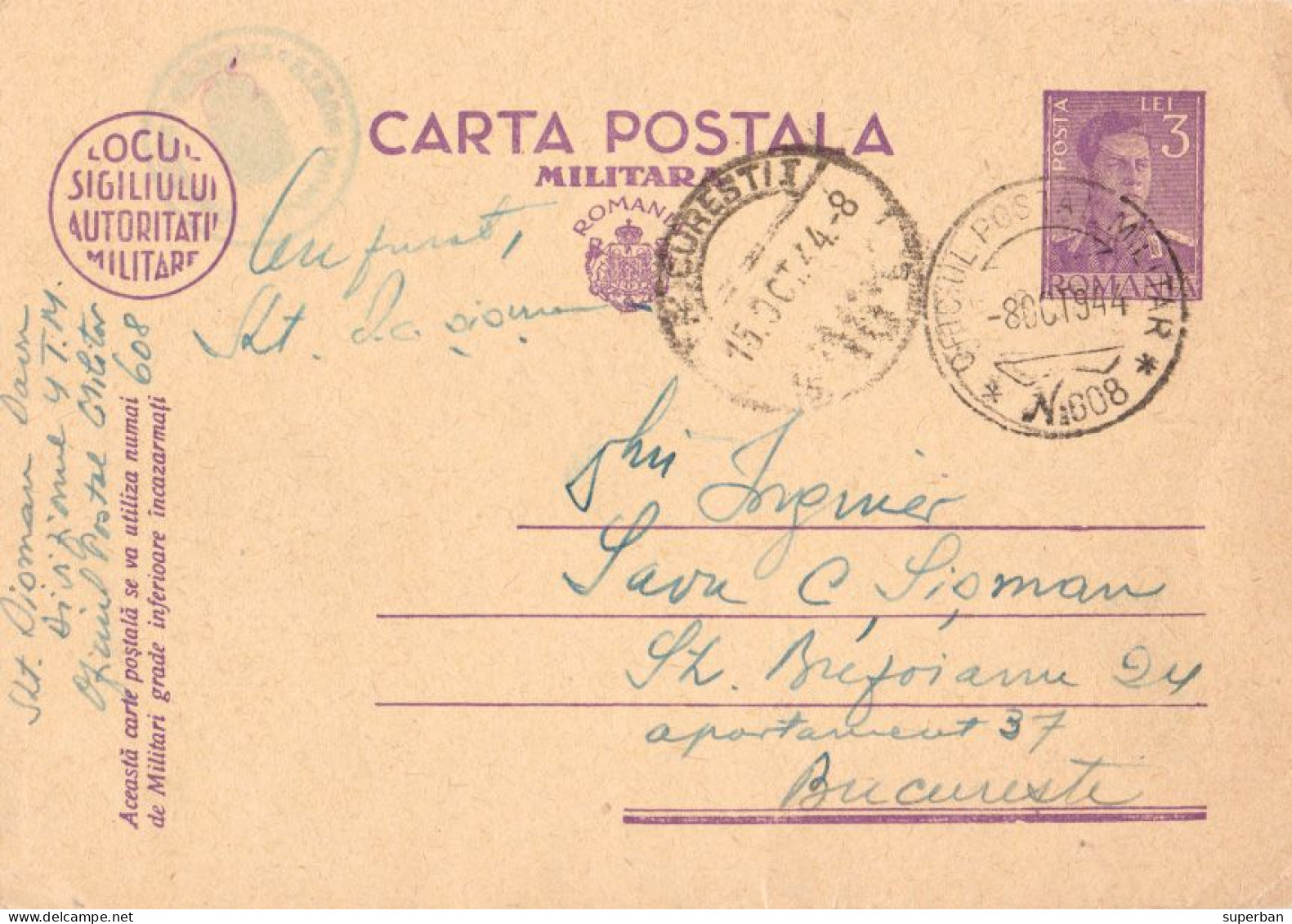 ROMANIA ( WW II ) : CARTE POSTALA MILITARA / CARTE POSTALE MILITAIRE / MILITARY POSTCARD - 1944 (an961) - Ganzsachen