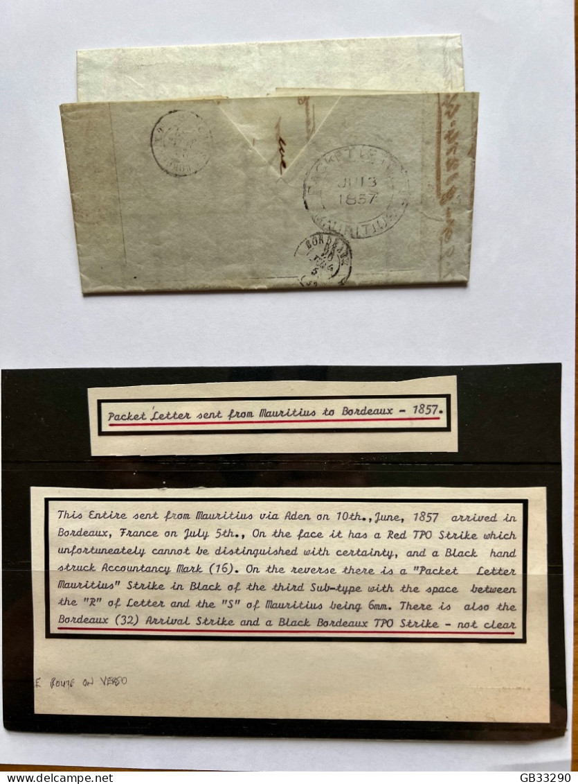 Mauritius Bordeaux Via Aden Marseille 1857 Entire Letter Stampless - Black Packet Letter - Mauritius (...-1967)