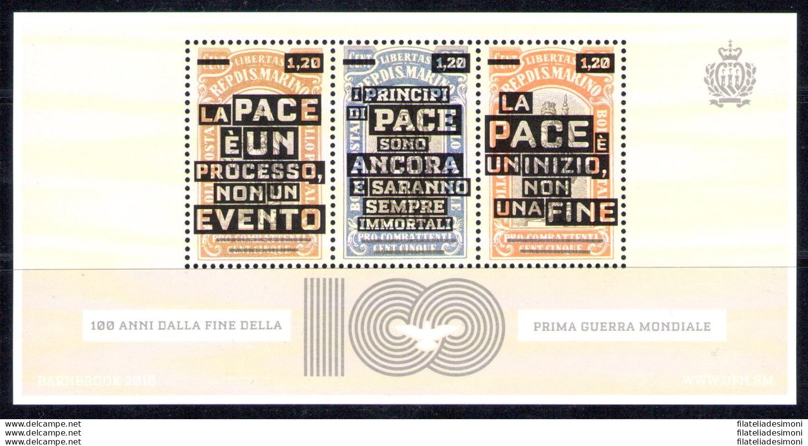 2018 San Marino Foglietto "100 Anni Dalla Fine Della Prima Guerra Mondiale" MNH* - Blocks & Sheetlets