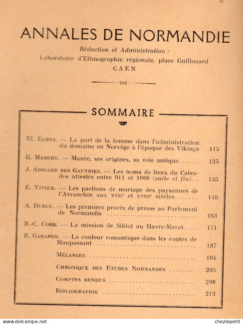 ANNALES DE NORMANDIE 1953 Toponymie Calvados Femme Viking Maure Maupassant - Normandie