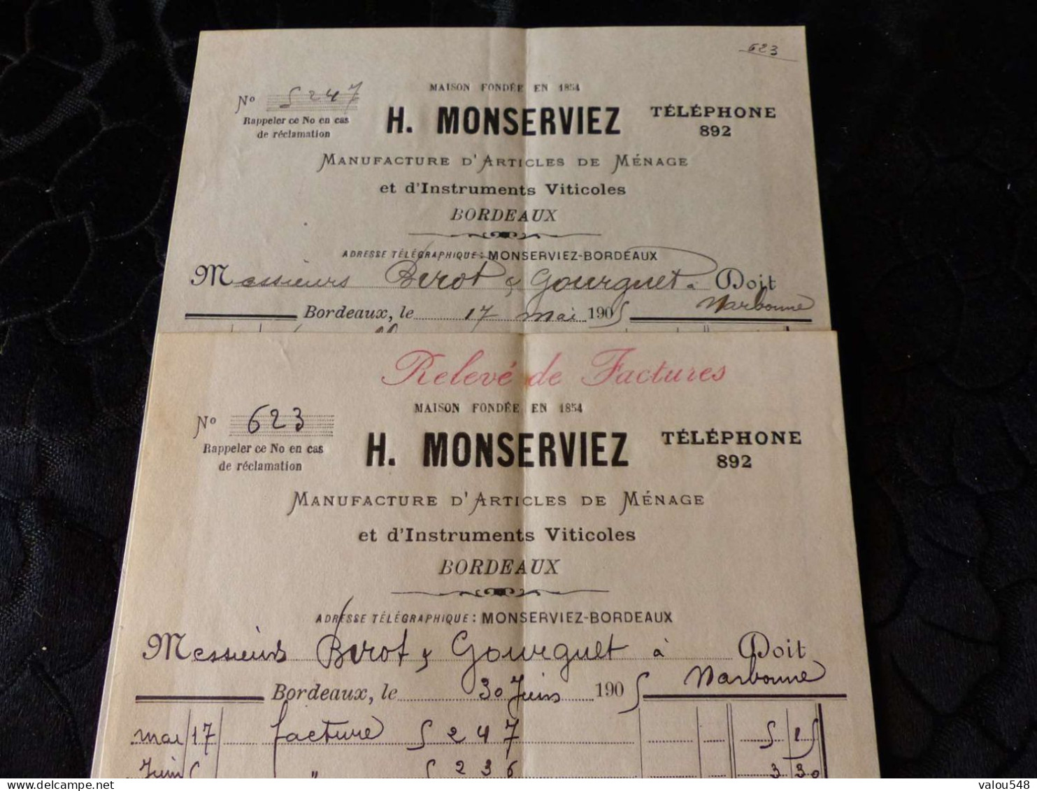 F-336 , Lot De 2 Factures, Manufacture D'Articles De Ménage Et D'instruments Viticoles, H.MONSERVIEZ, Bordeaux, 1905 - Landwirtschaft