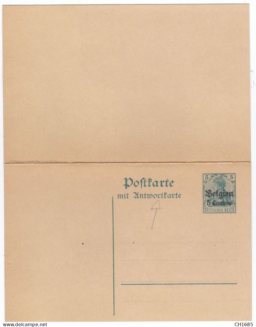 BELGIQUE : Entier Postal Carte Double Germania Surchargée Avec Réponse - OC1/25 Governo Generale