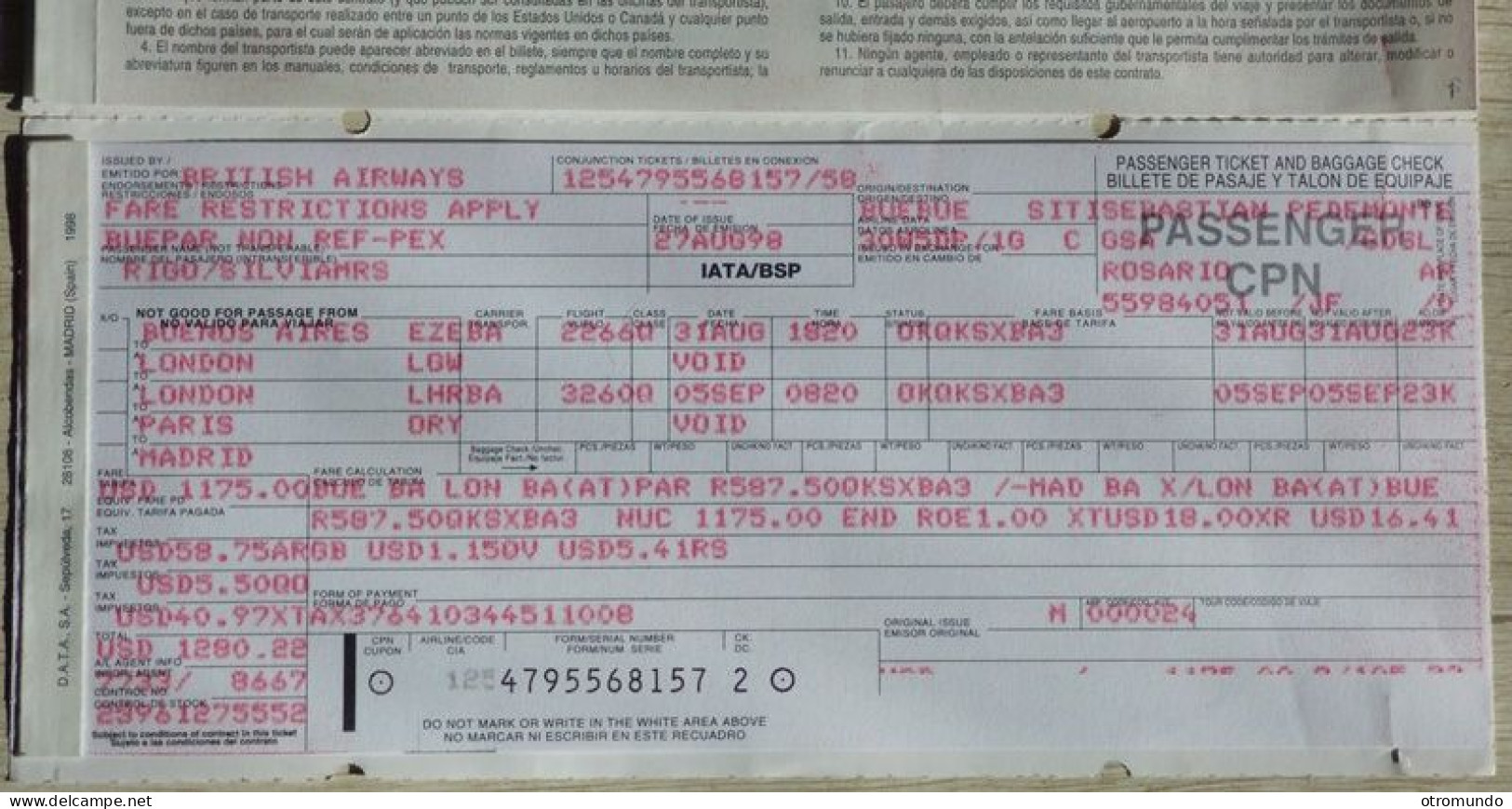 PASAJE PASSENGER TICKET IATA AIRLINE 1998 BUENOS AIRES LONDON PARIS MADRID BRITISH AIRWAYS - World