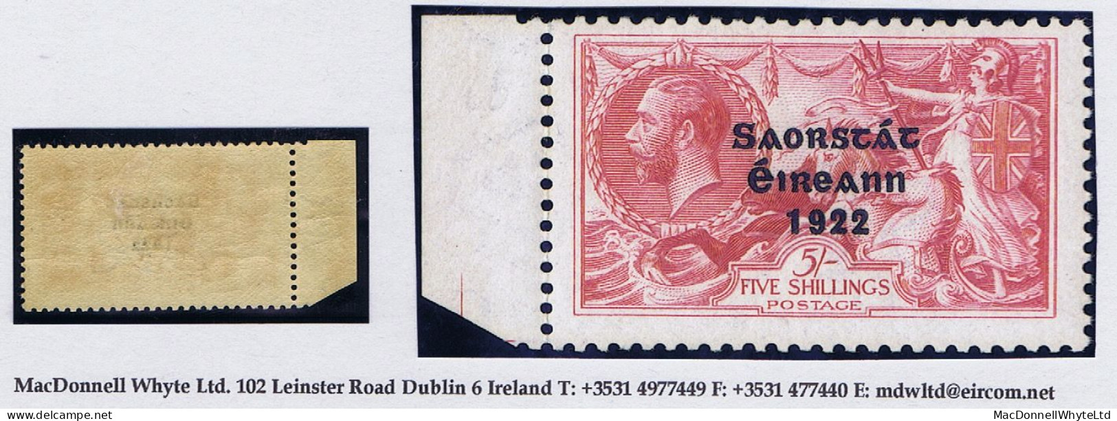 Ireland 1922-23 Thom Saorstát 3-line Overprint In Blue-black On 5/- Rose, Left Marginal Mint Hinged - Neufs
