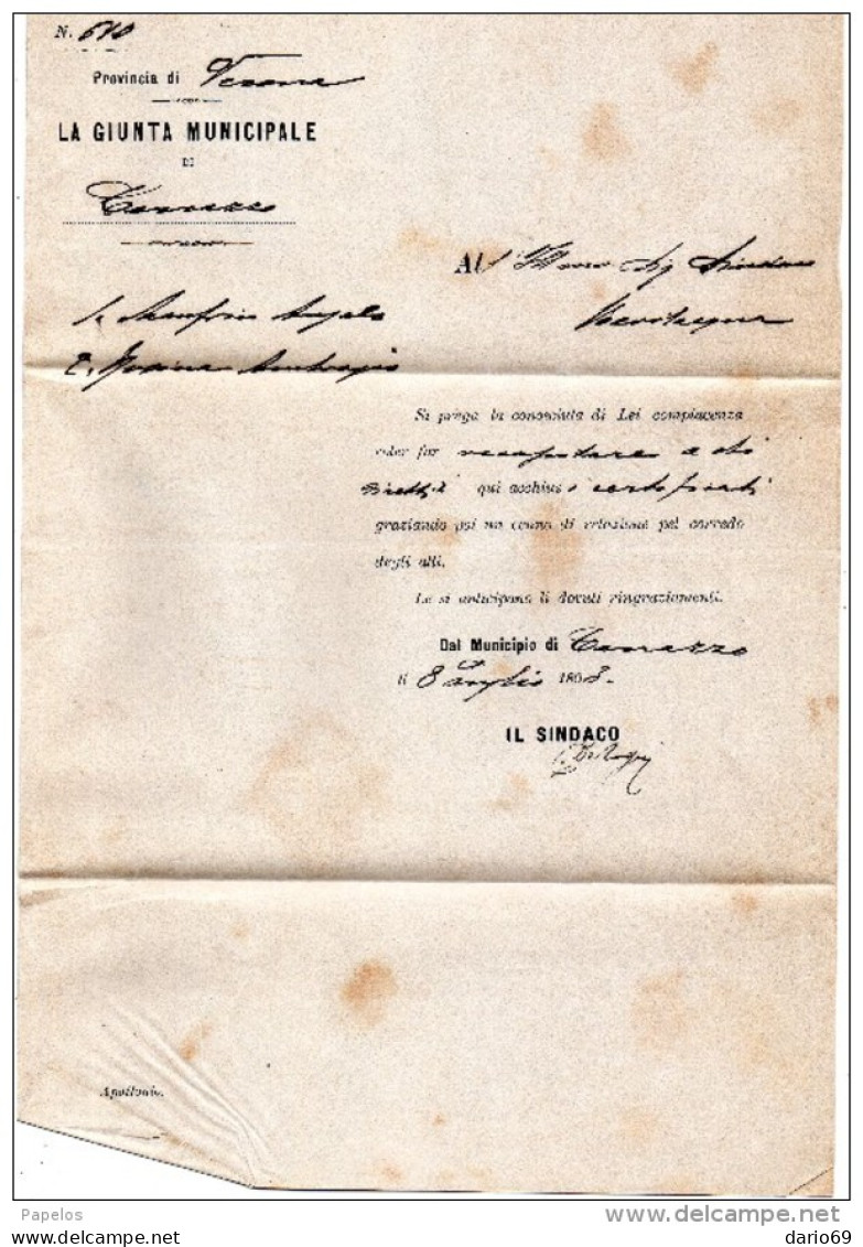 1893  LETTERA CON ANNULLO LEGNAGO VERONA  + COMUNALE TERRAZZO DENTELLATURA SPOSTATA - Marcofilie