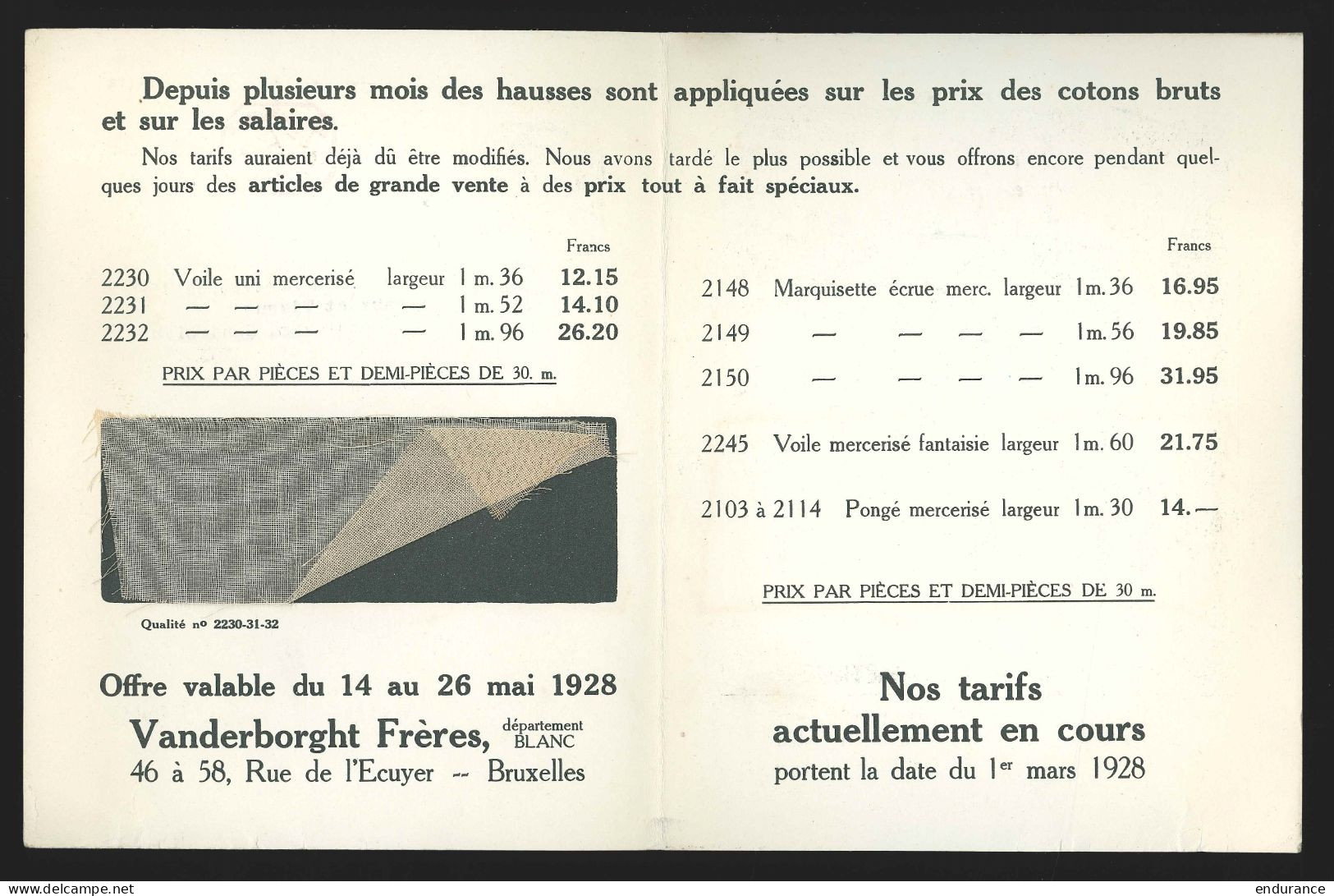 Imprimé Illustré "Marquisette" + échanillon De Tissu Aff. Mécanique 35c De Bruxelles /1928 Pour Mons - Cartas & Documentos
