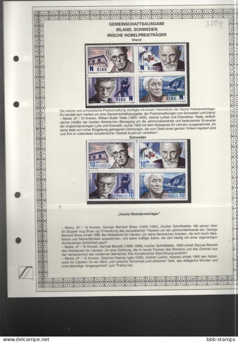 Twin Issue Mnh/** (stamps Only)  2004 Ireland Sweden Nobel Price - Emissions Communes