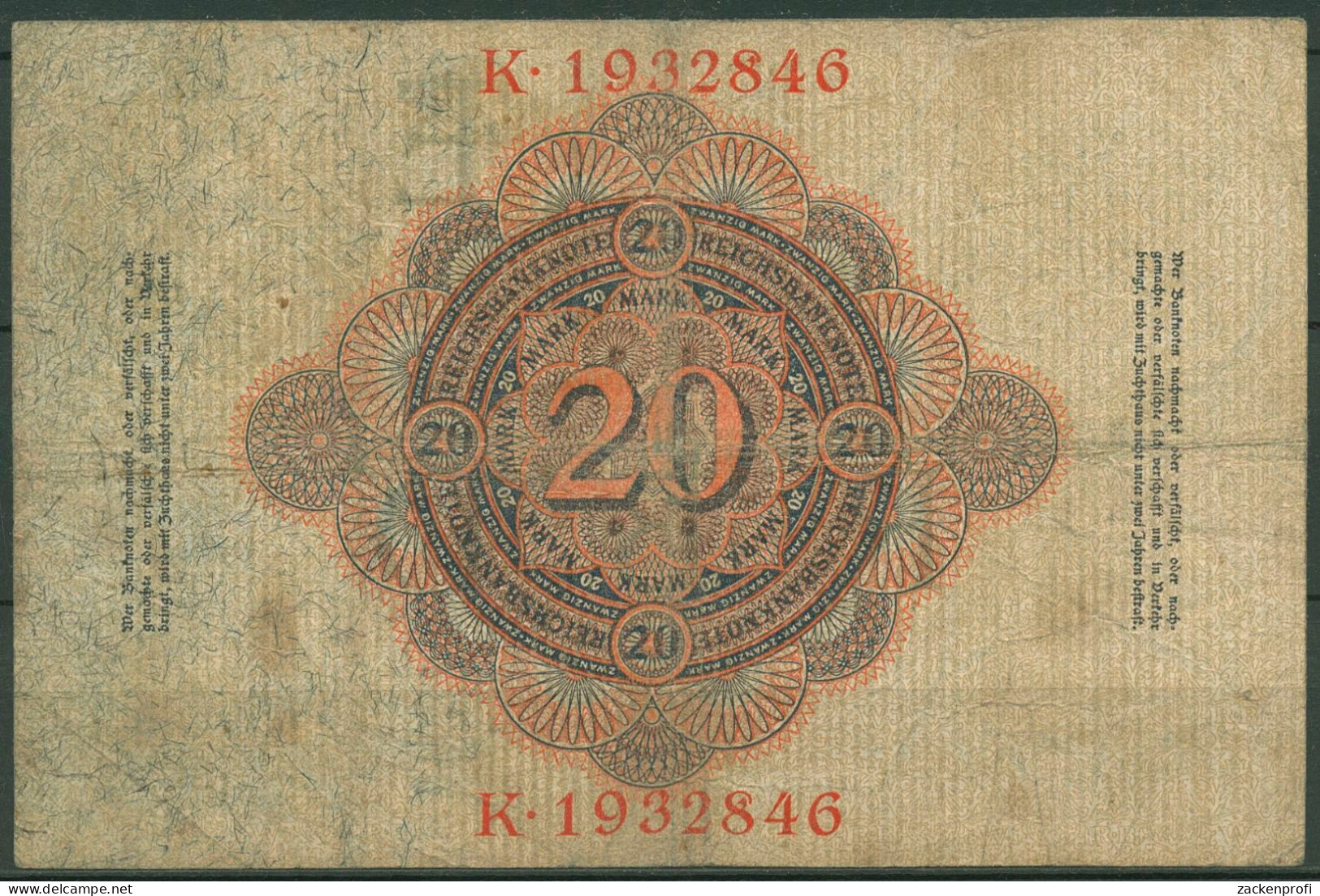 Dt. Reich 20 Mark 1910, DEU-37c Serie E/K, Stark Gebraucht (K1555) - 20 Mark