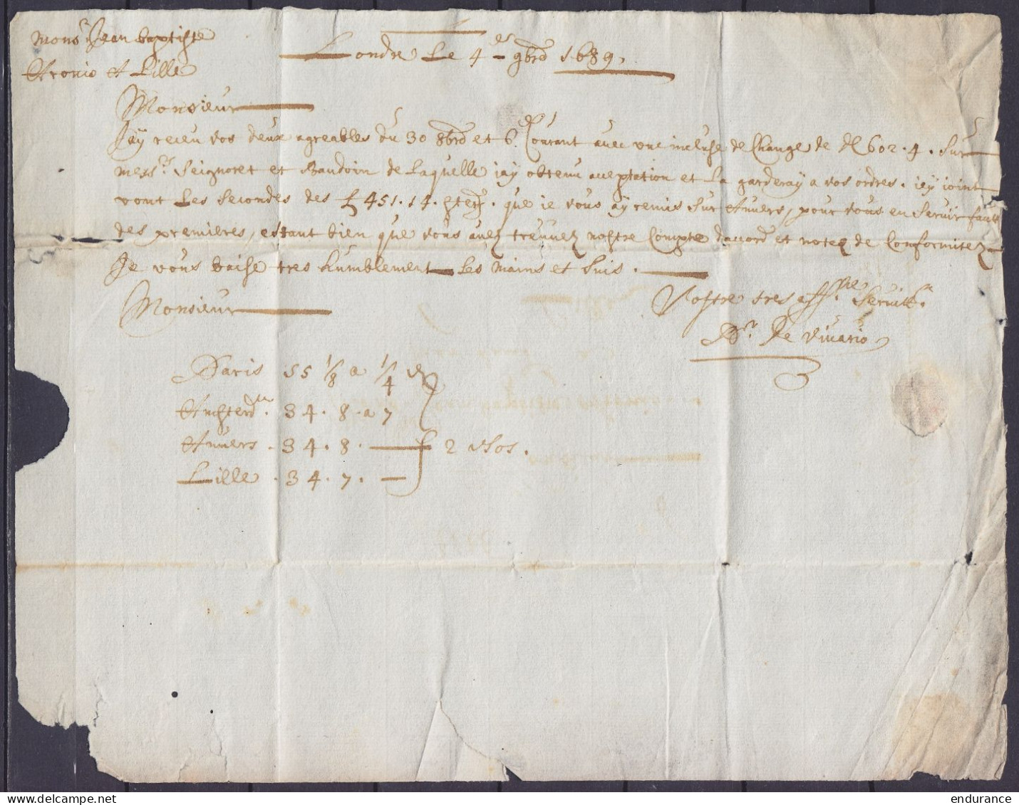 L. Datée 4 Novembre 1689 De LONDRES Pour LILLE - Port "6" - ...-1840 Precursores