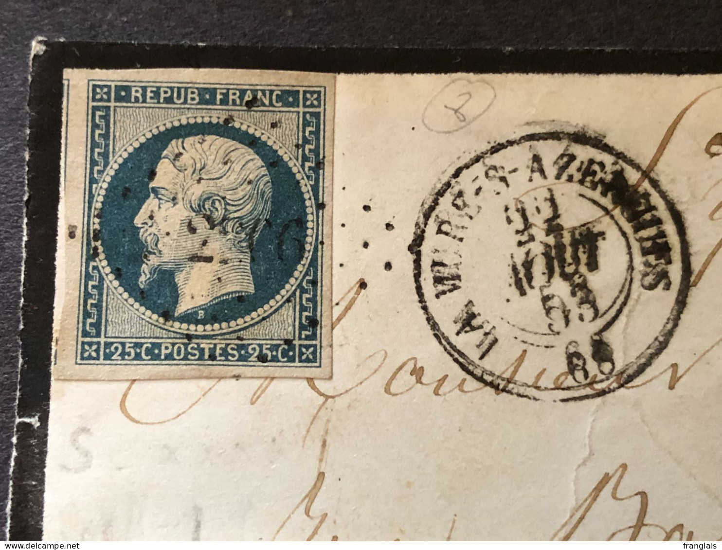 Timbre 10,25c Bleu Terne Sur Un Fragment, Cachet De Lamure-sur-Azergues, Le 22 Août 1853. - 1852 Louis-Napoleon