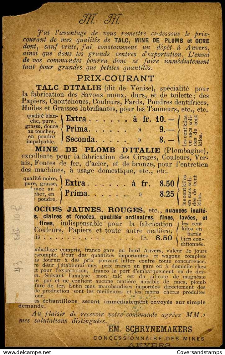 Postkaart - 'EM. Schrynemakers, Anvers, Exploitation De Talcs, Mines De Plomb, Ocres, Sulfates De Barytes, Asbestes Etc' - 1869-1888 Lion Couché (Liegender Löwe)