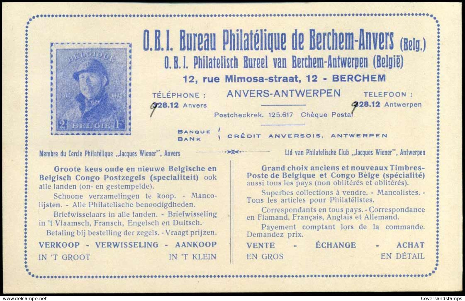 Postkaart - 'O.B.I. Bureau Philatélique De Berchem-Anvers / O.B.I. Philatelisch Bureel Van Berchem-Antwerpen' - Brieven En Documenten