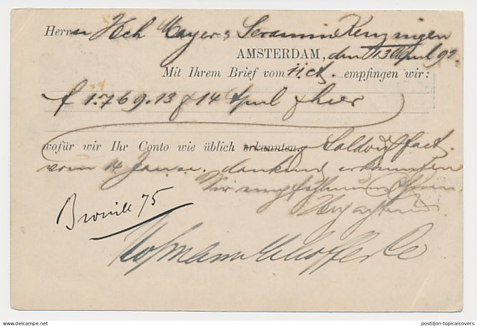 Trein Kleinrondstempel Amsterdam - Emmerik IX 1892 - Cartas & Documentos