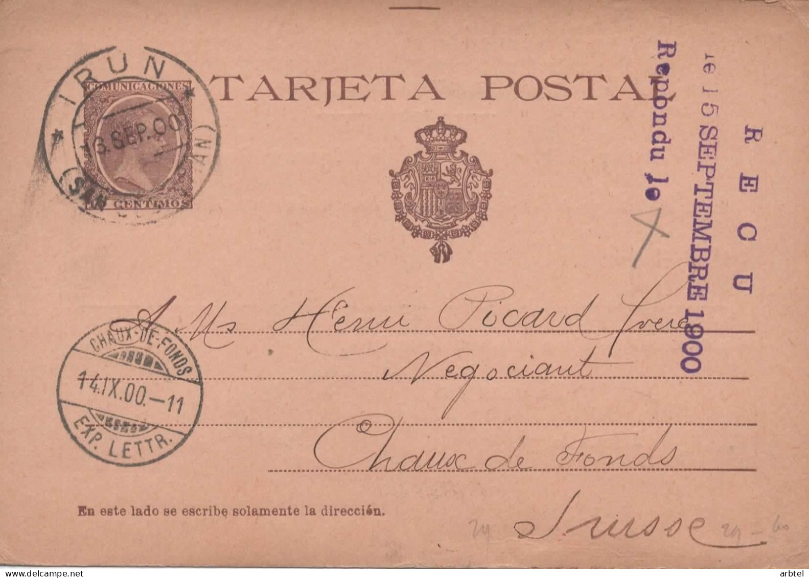 ESPAÑA  ALFONSO XIII PELON ENTERO POSTAL CON IMPRESION PRIVADA FRANCISCO RECARTE IRUN 1900 - Covers & Documents