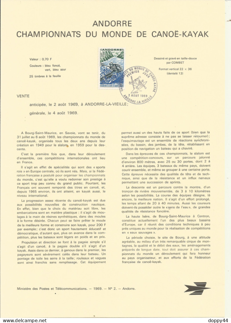 ANDORRE ANNEE 1969 COMPLETE SUR NOTICE PHILATELIQUE + CACHET  PJ. - Briefe U. Dokumente