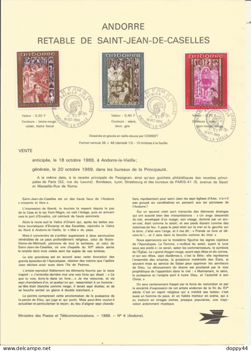 ANDORRE ANNEE 1969 COMPLETE SUR NOTICE PHILATELIQUE + CACHET  PJ. - Brieven En Documenten