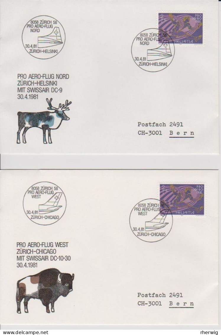 Schweiz, 1981, Pro Aero -  Folder Mit 5 Luftpostbriefen, Mit Jubiläumsflügen Befördert - Storia Postale