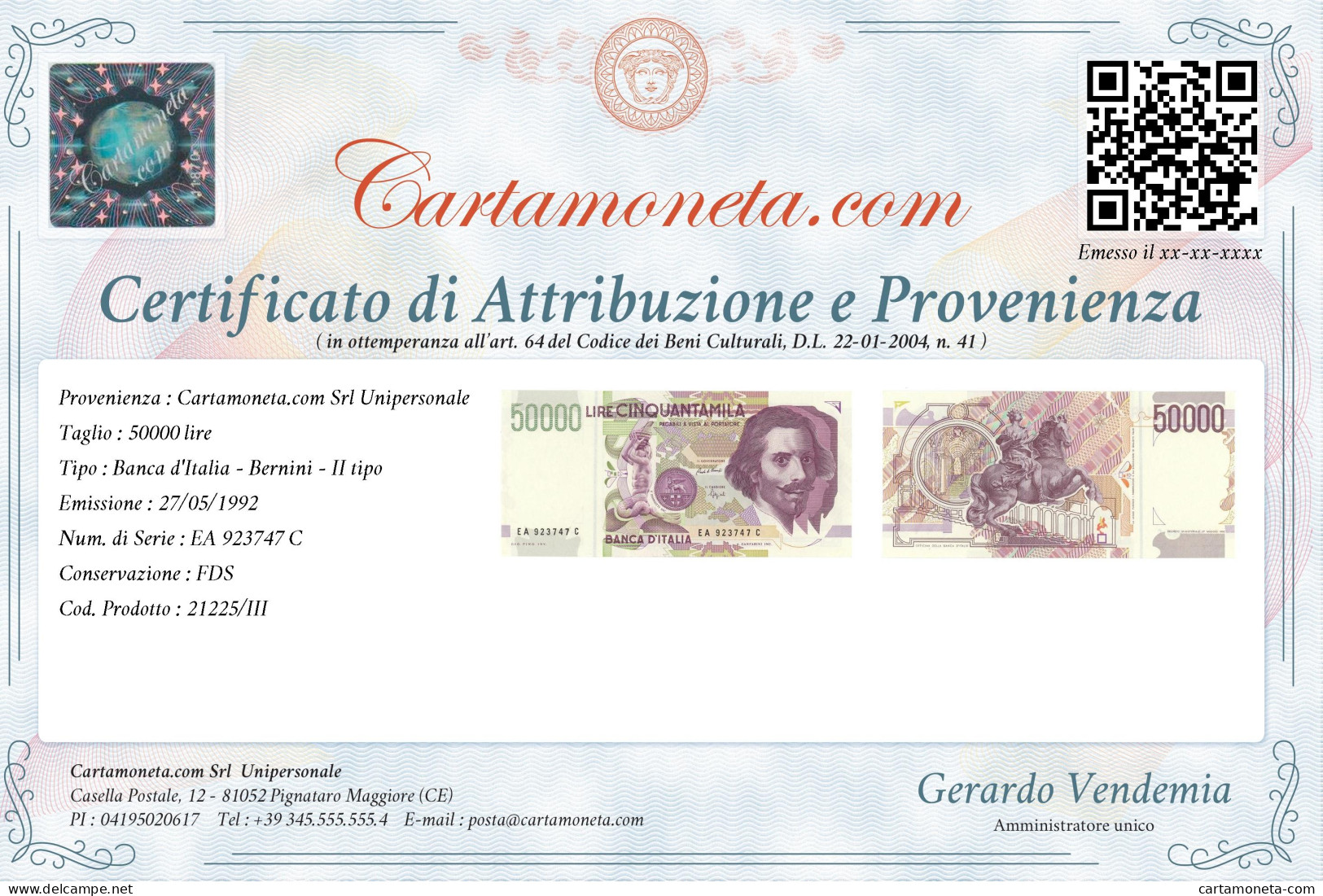 50000 LIRE GIAN LORENZO BERNINI II TIPO LETTERA A 27/05/1992 FDS - Other & Unclassified