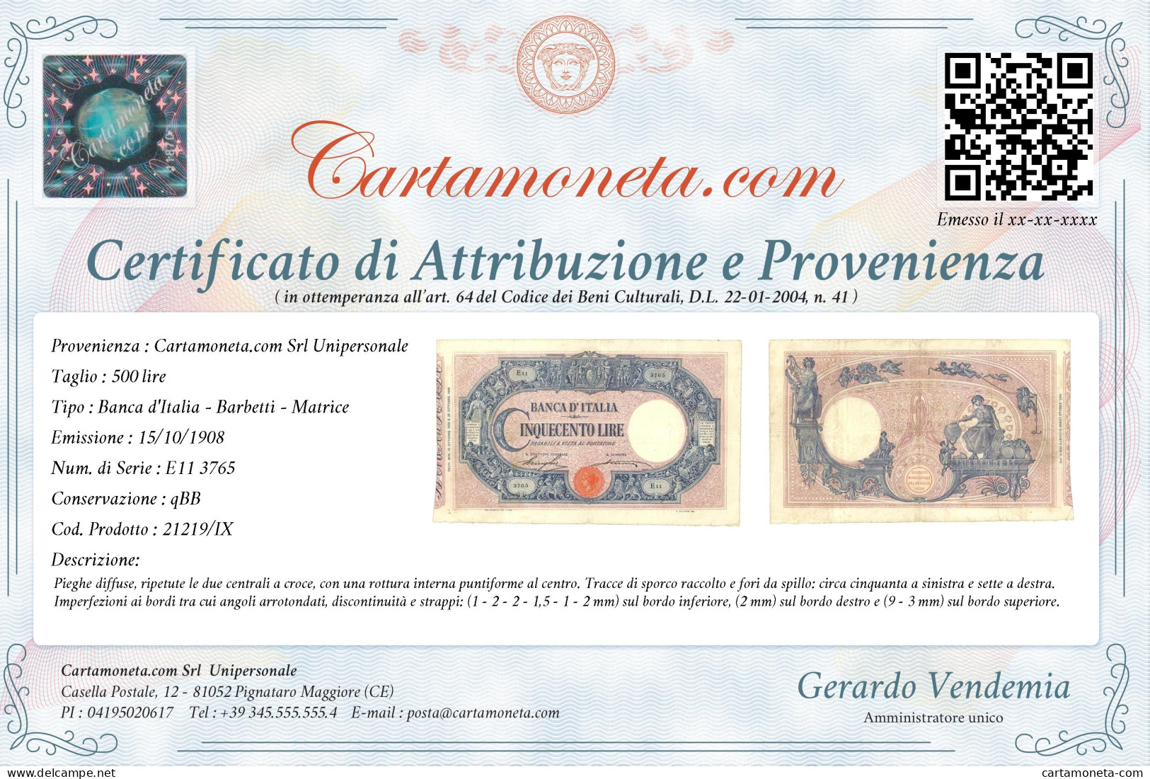 500 LIRE BARBETTI GRANDE C MATRICE LATERALE TESTINA DECRETO 15/10/1908 QBB - Regno D'Italia – Other