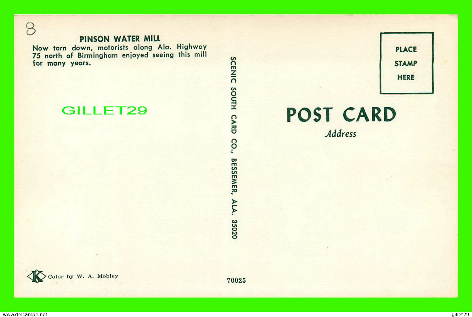 BIRMINGHAM, AL - PINSON WATER MILL -  SCENIC SOUTH CARD CO -  COLOR BY W. A. MOBLEY - - Other & Unclassified