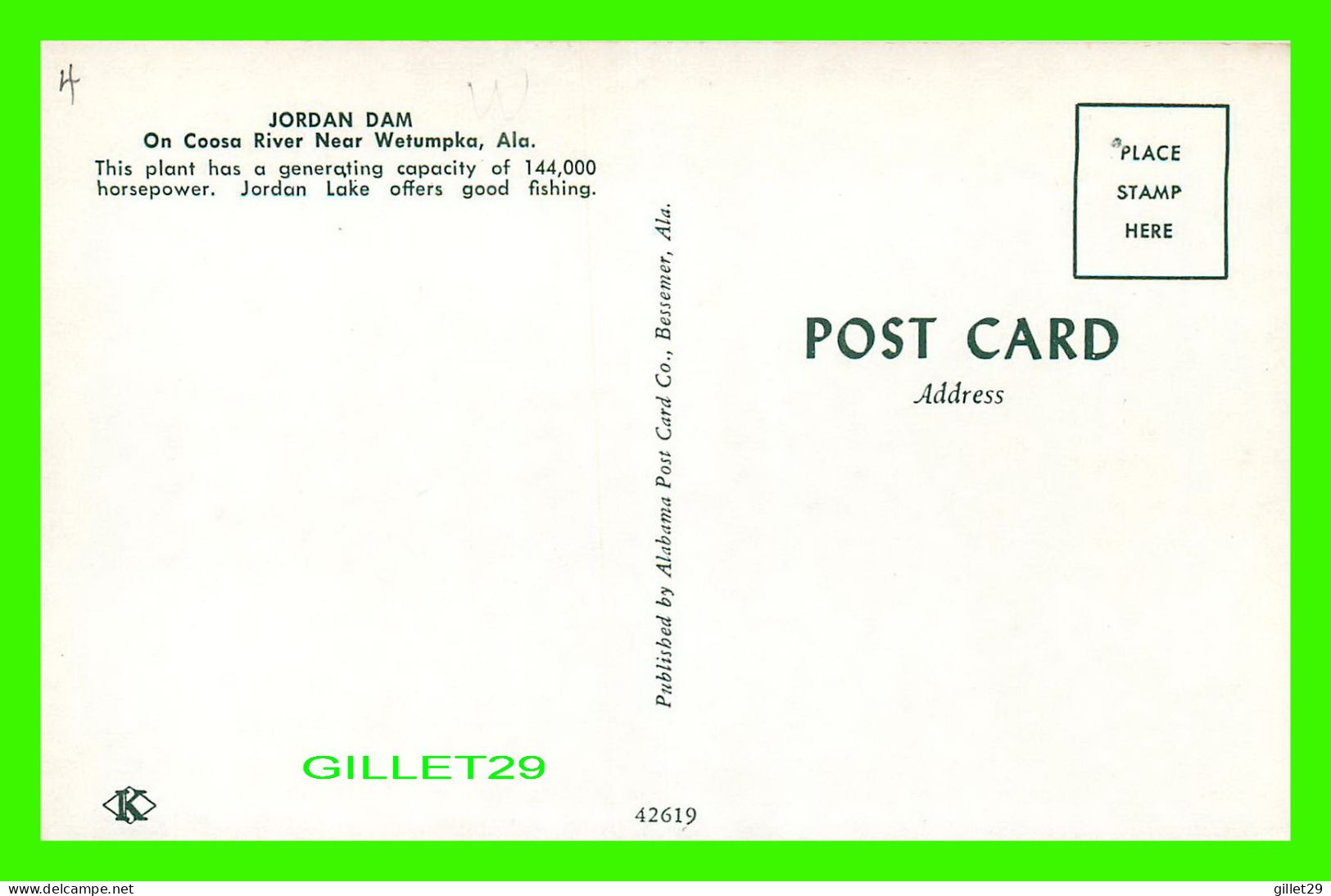 WETUMPKA, AL - JORDAN DAM ON COOSA RIVER -  PUB. BY ALABAMA POST CARD CO - - Sonstige & Ohne Zuordnung