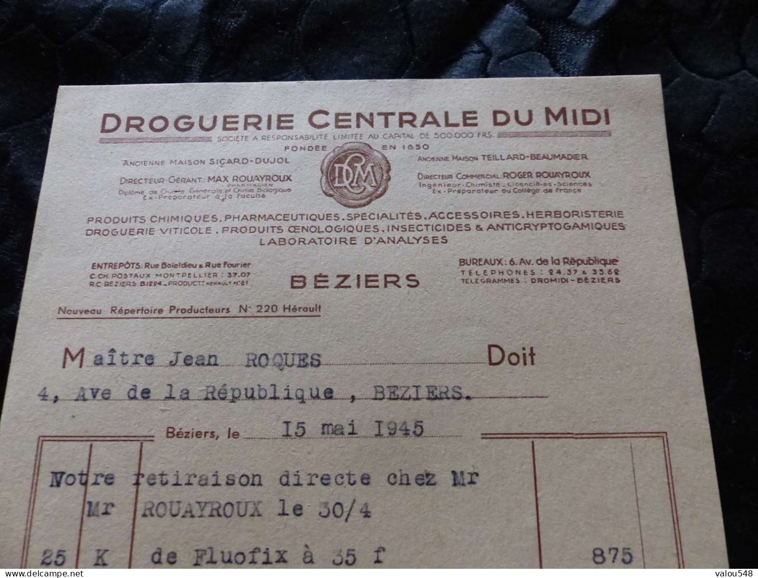 F-387 ,  Facture, Droguerie Centrale Du Midi, Béziers, 1945 - Drogisterij & Parfum