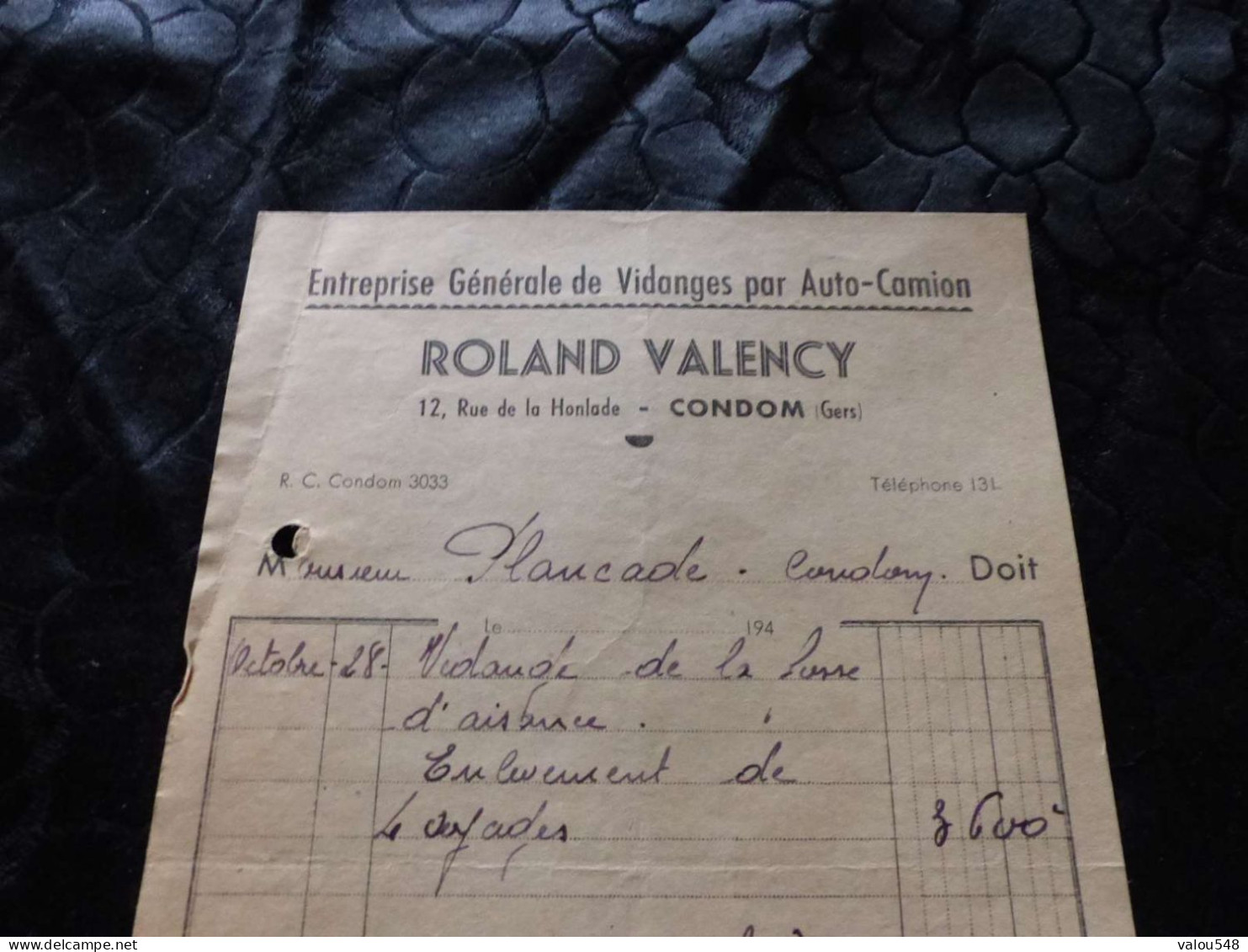 F-410 , Facture, Entreprise Générale De Vidanges Par Auto-camion, ROLAND VALENCY , Rue De La Honlade, Condom, 1928 - Auto's