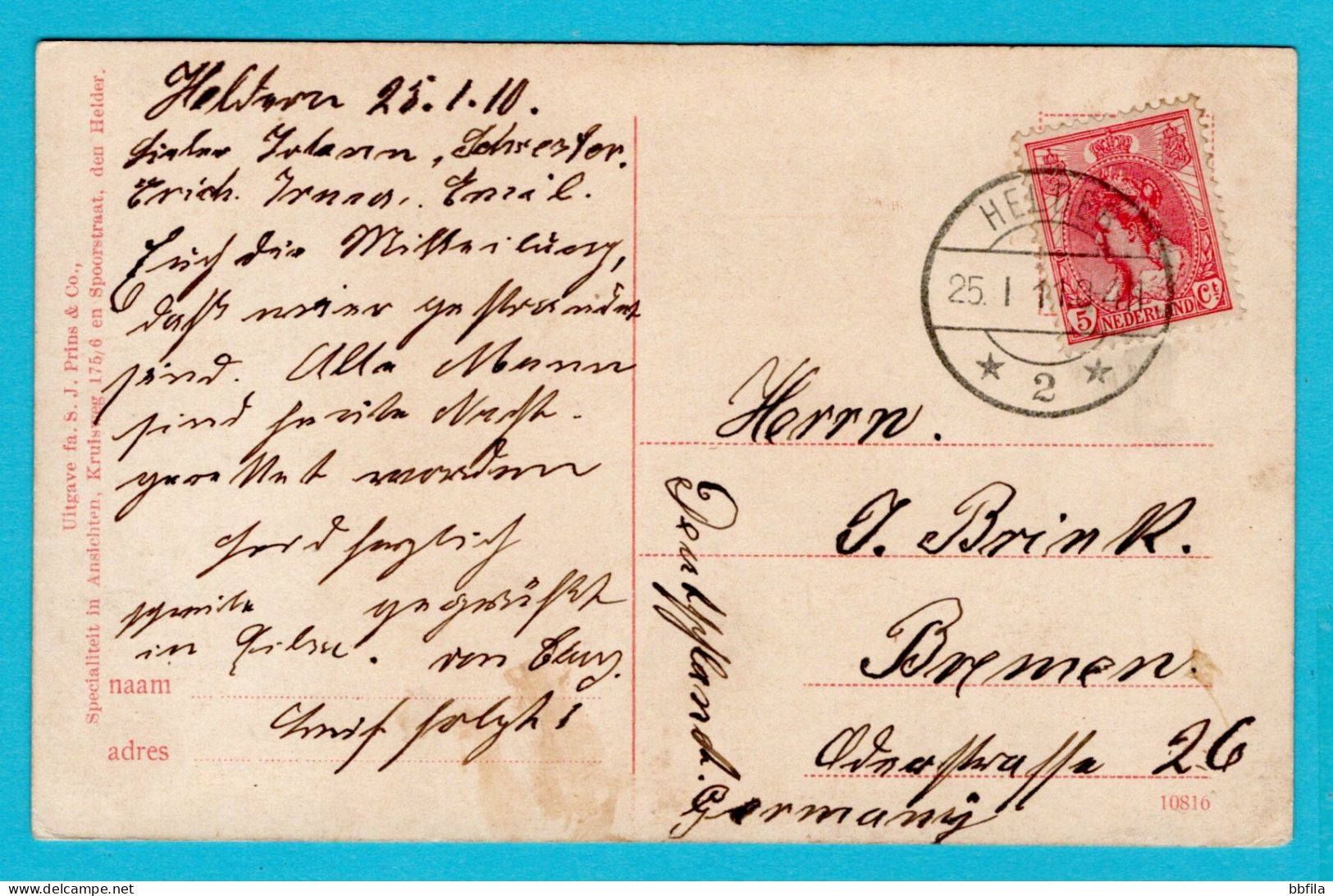 NEDERLAND Prentbriefkaart Kanaalweg 1910 Den Helder - Bremen, Duitsland - Den Helder