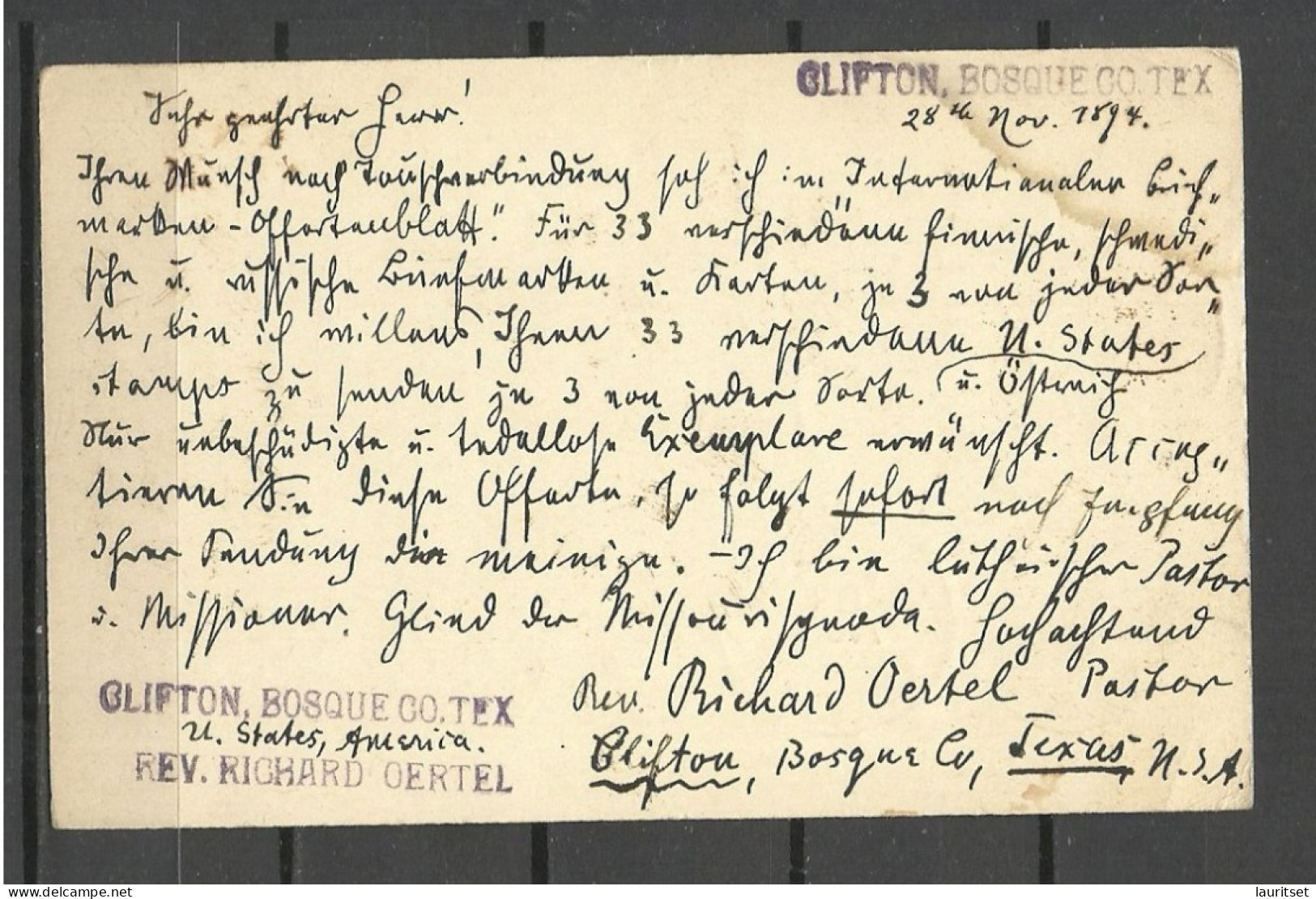 USA O 1894 Glifton Texas Postal Stationery Cover Sent To Finland Turku - ...-1900