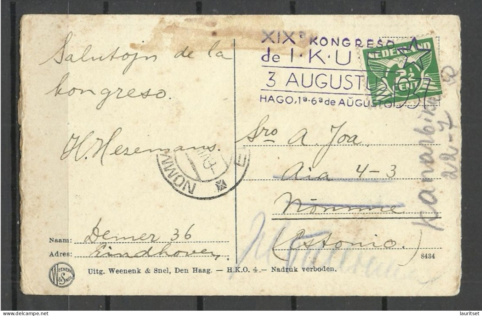 NEDERLAND Scheveningsche Kleedertracht Post Card Sent 1937 From Esperanto Congess In Haag To Estonia - Briefe U. Dokumente